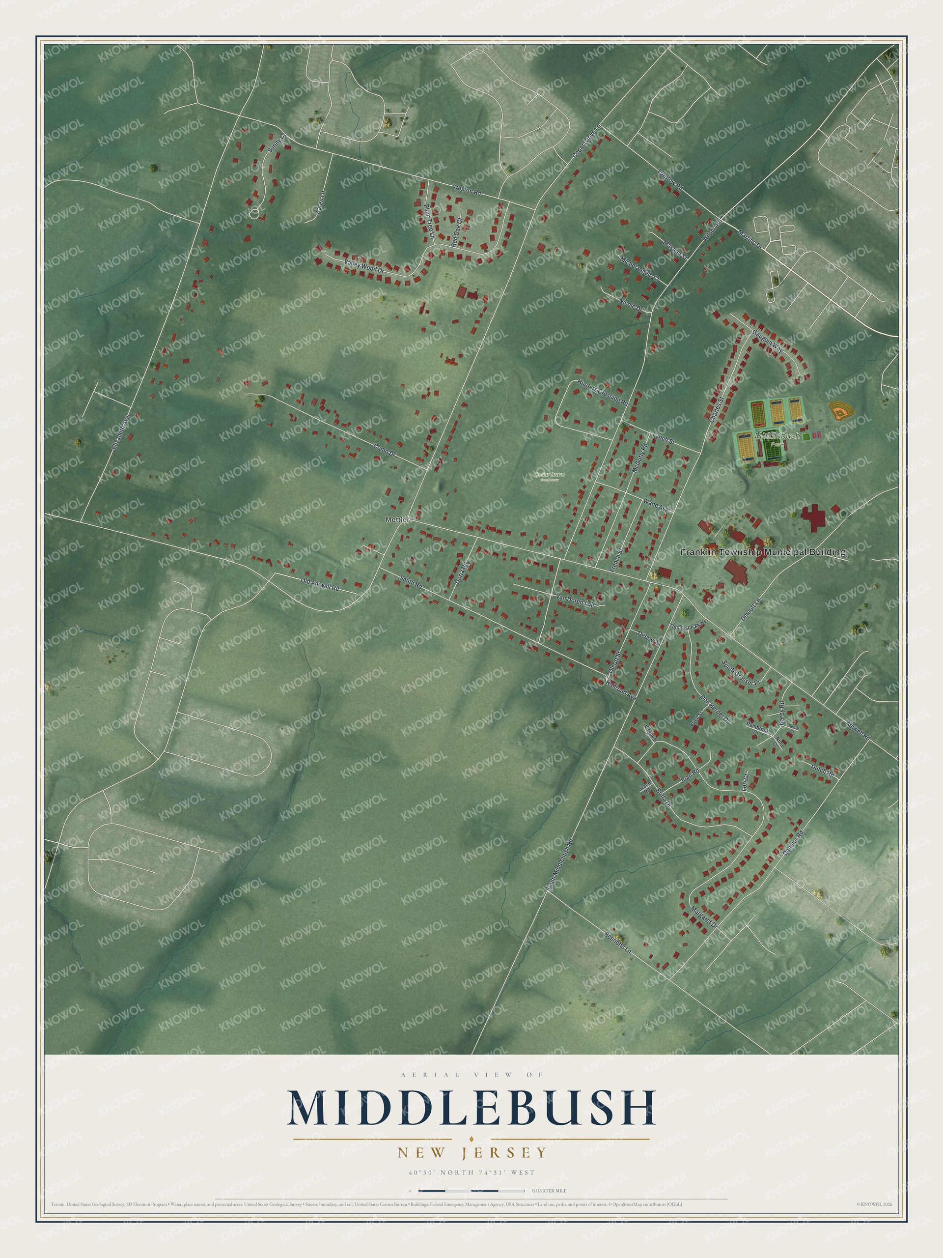 Full map of Middlebush, New Jersey, with red buildings, printed street names and the land around them