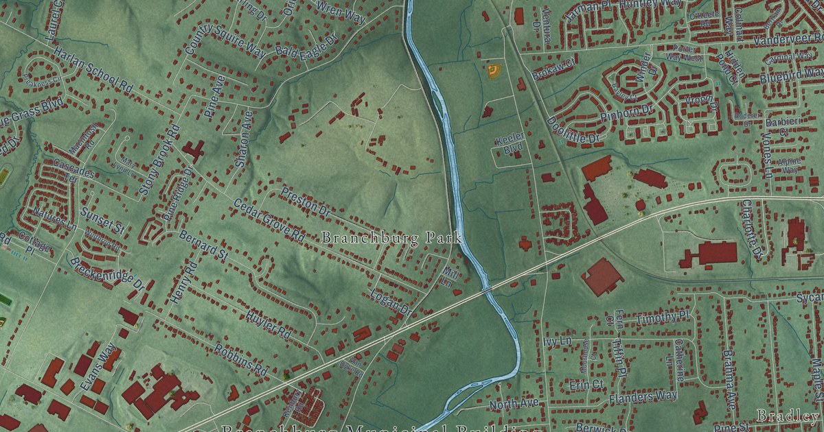 Close-up of streets and buildings in Milltown, Somerset County, New Jersey