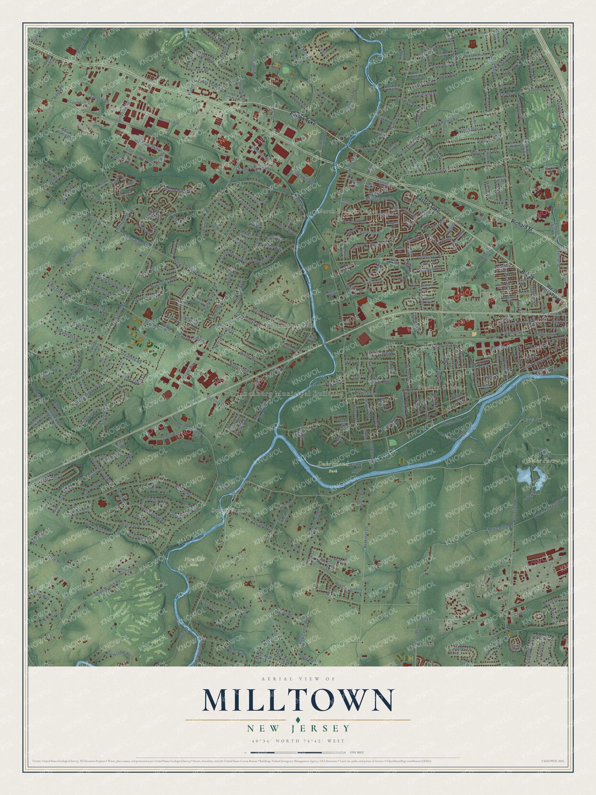 Full map of Milltown, New Jersey, with red buildings, printed street names and the land around them