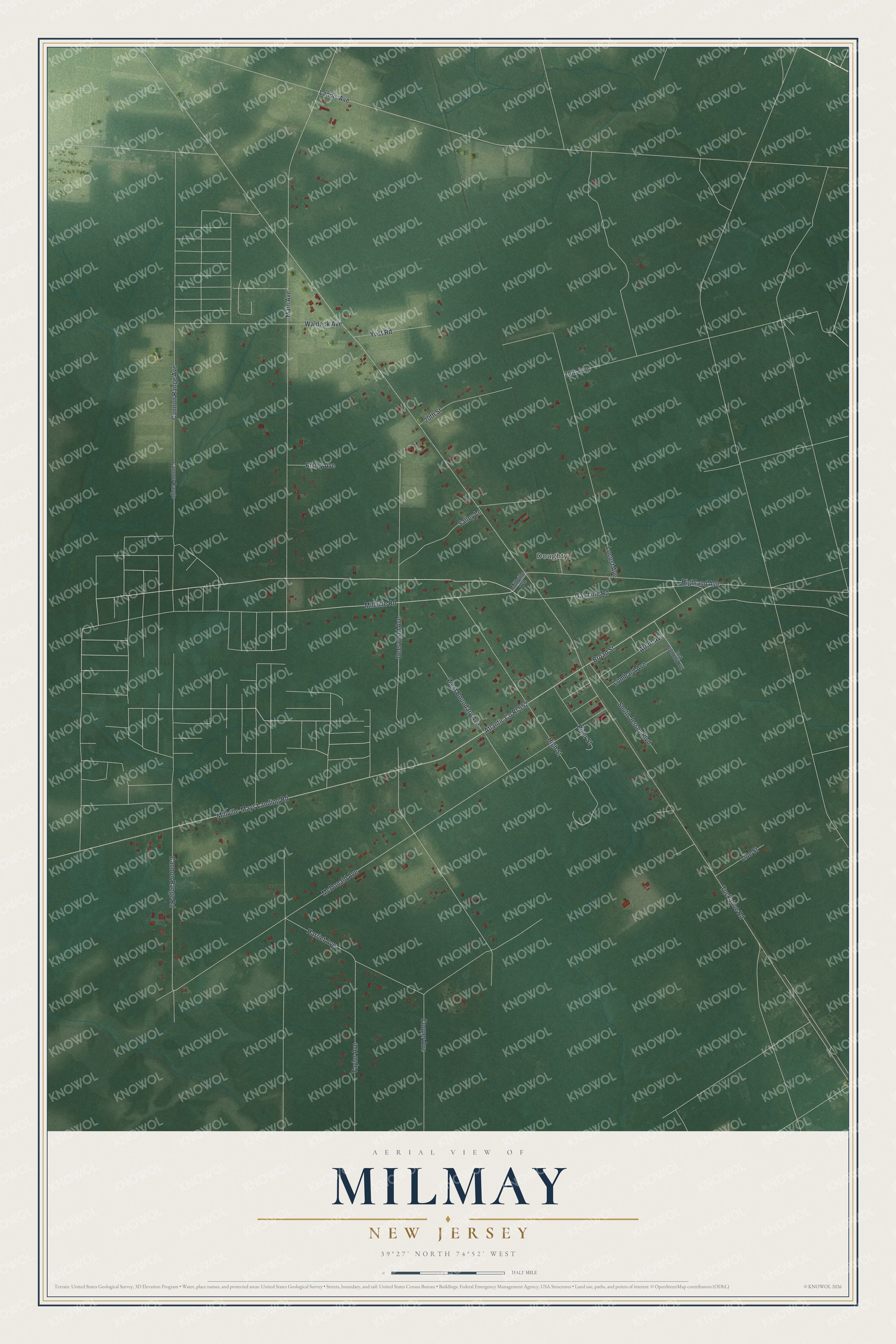 Full map of Milmay, New Jersey, with red buildings, printed street names and the land around them