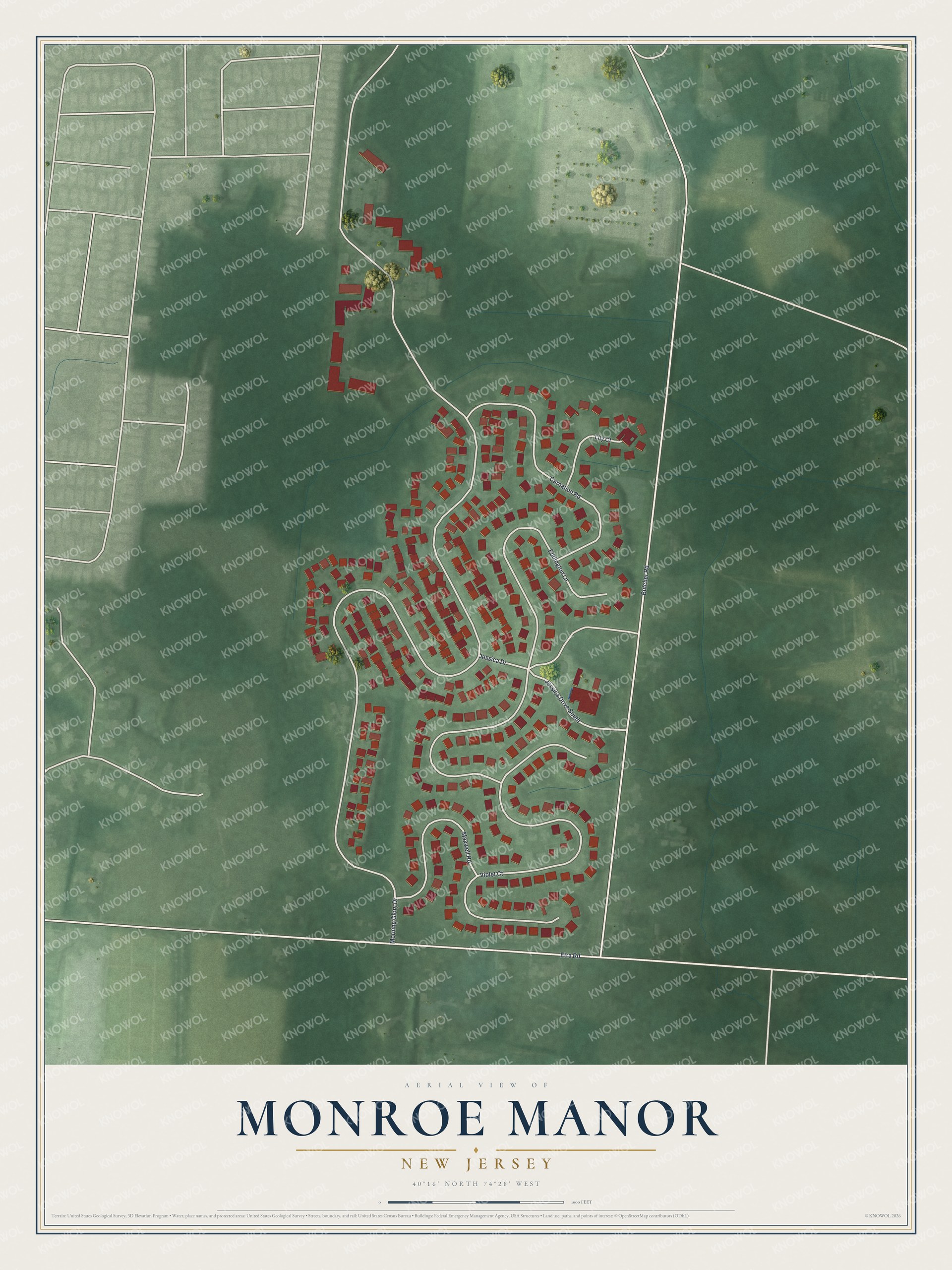 Full map of Monroe Manor, New Jersey, with red buildings, printed street names and the land around them