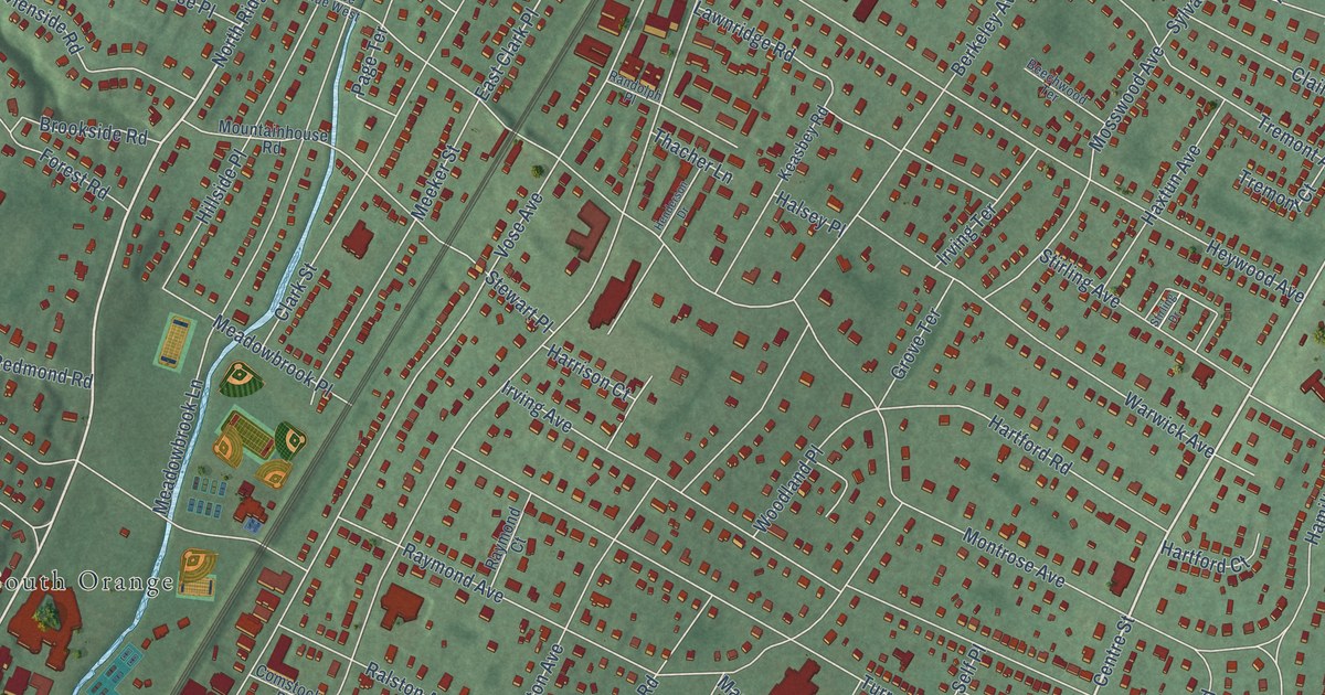 Close-up of streets and buildings in Montrose, New Jersey