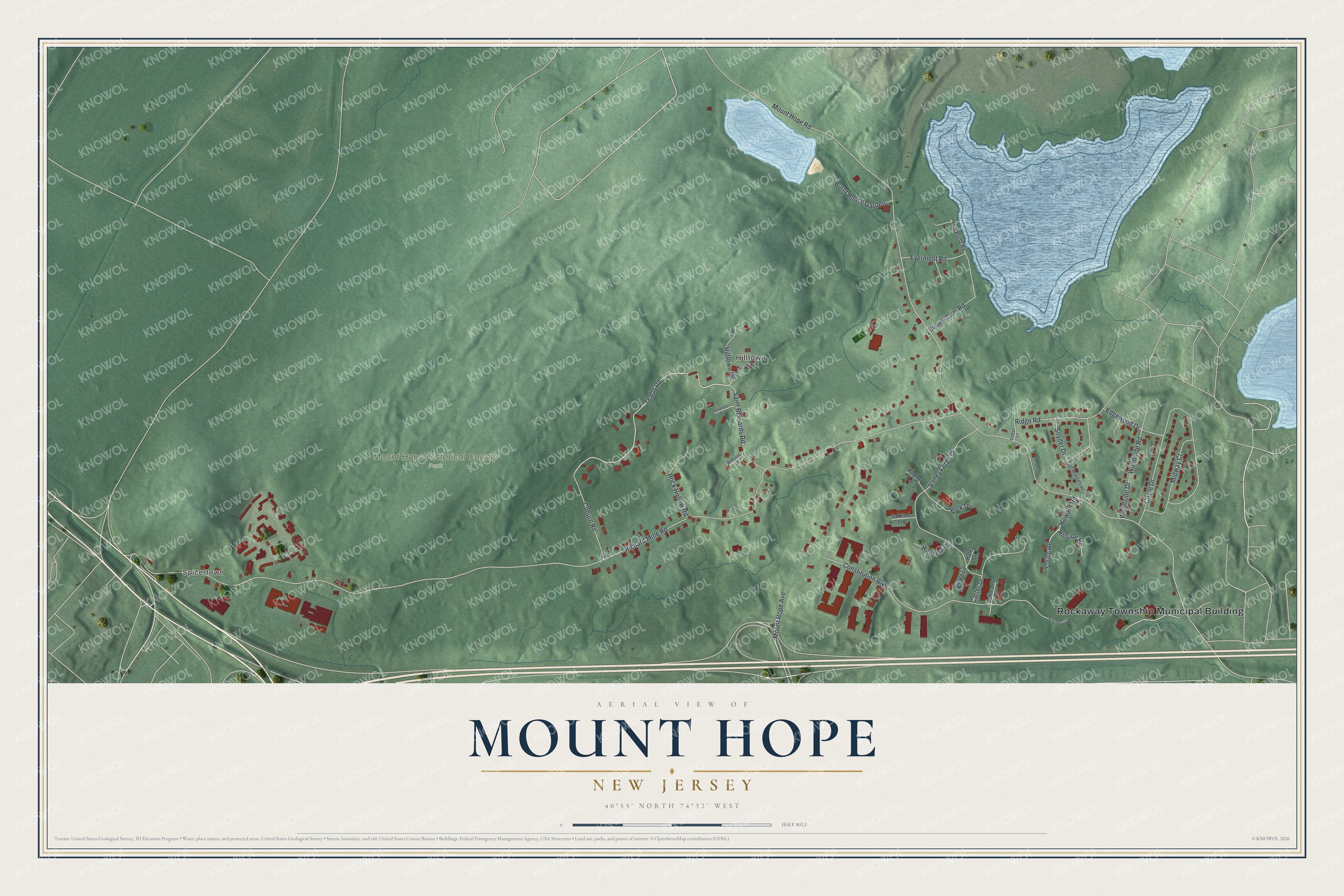 Full map of Mount Hope, New Jersey, with red buildings, printed street names and the land around them
