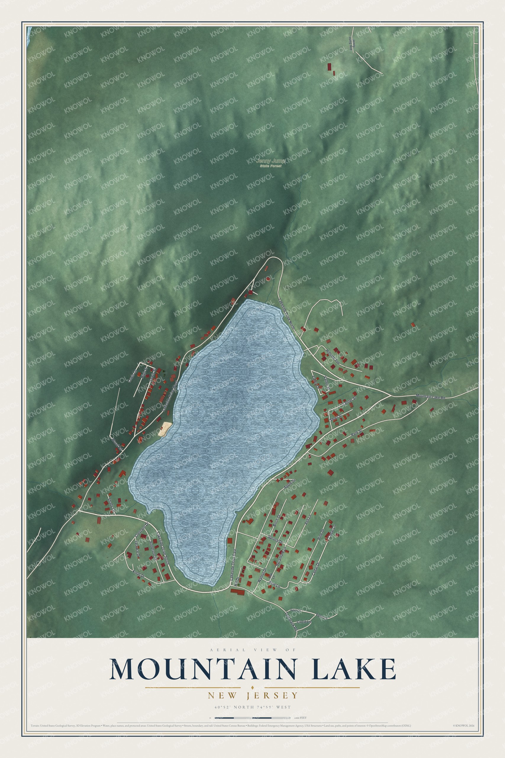Full map of Mountain Lake, New Jersey, with red buildings, printed street names and the land around them