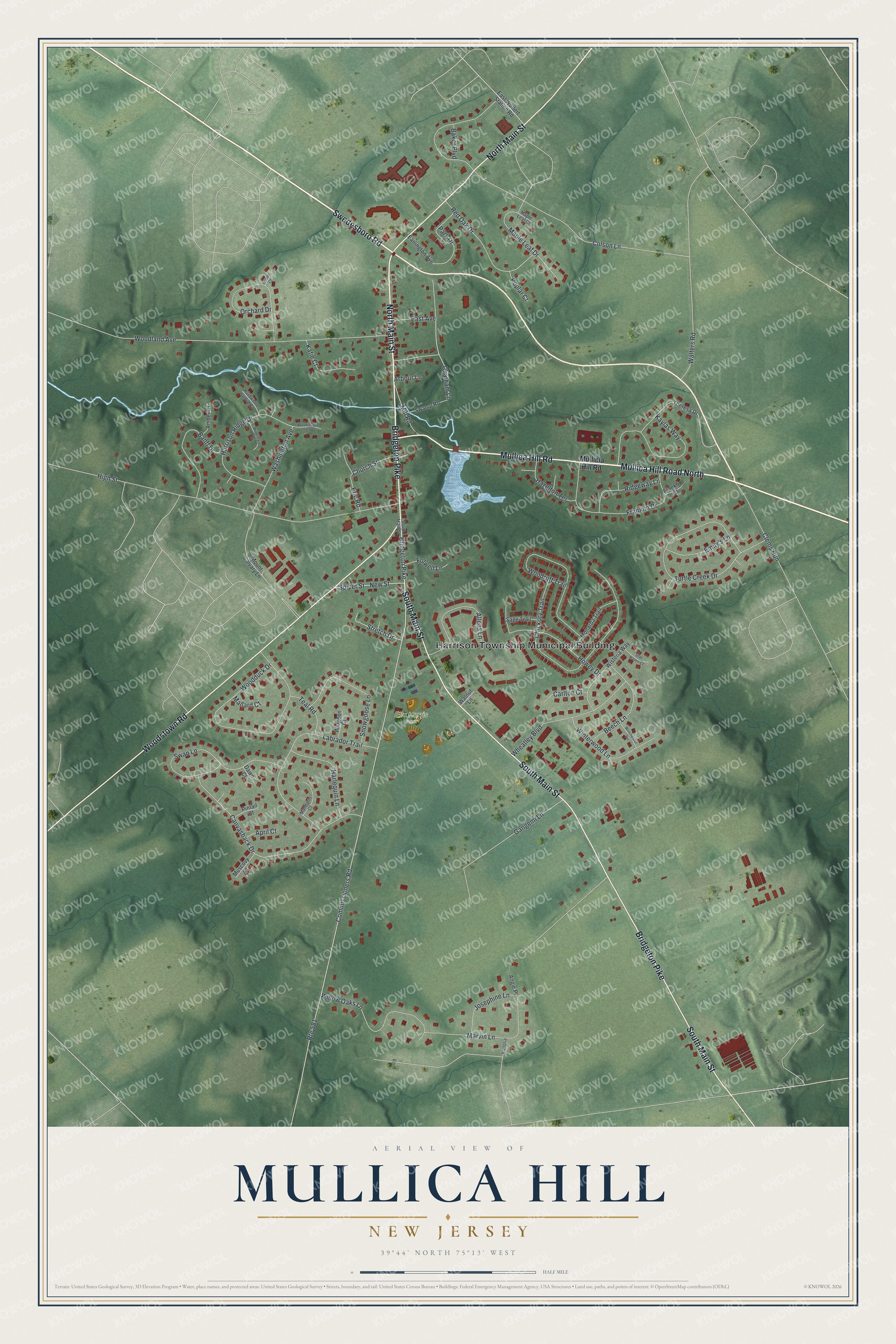 Full map of Mullica Hill, New Jersey, with red buildings, printed street names and the land around them