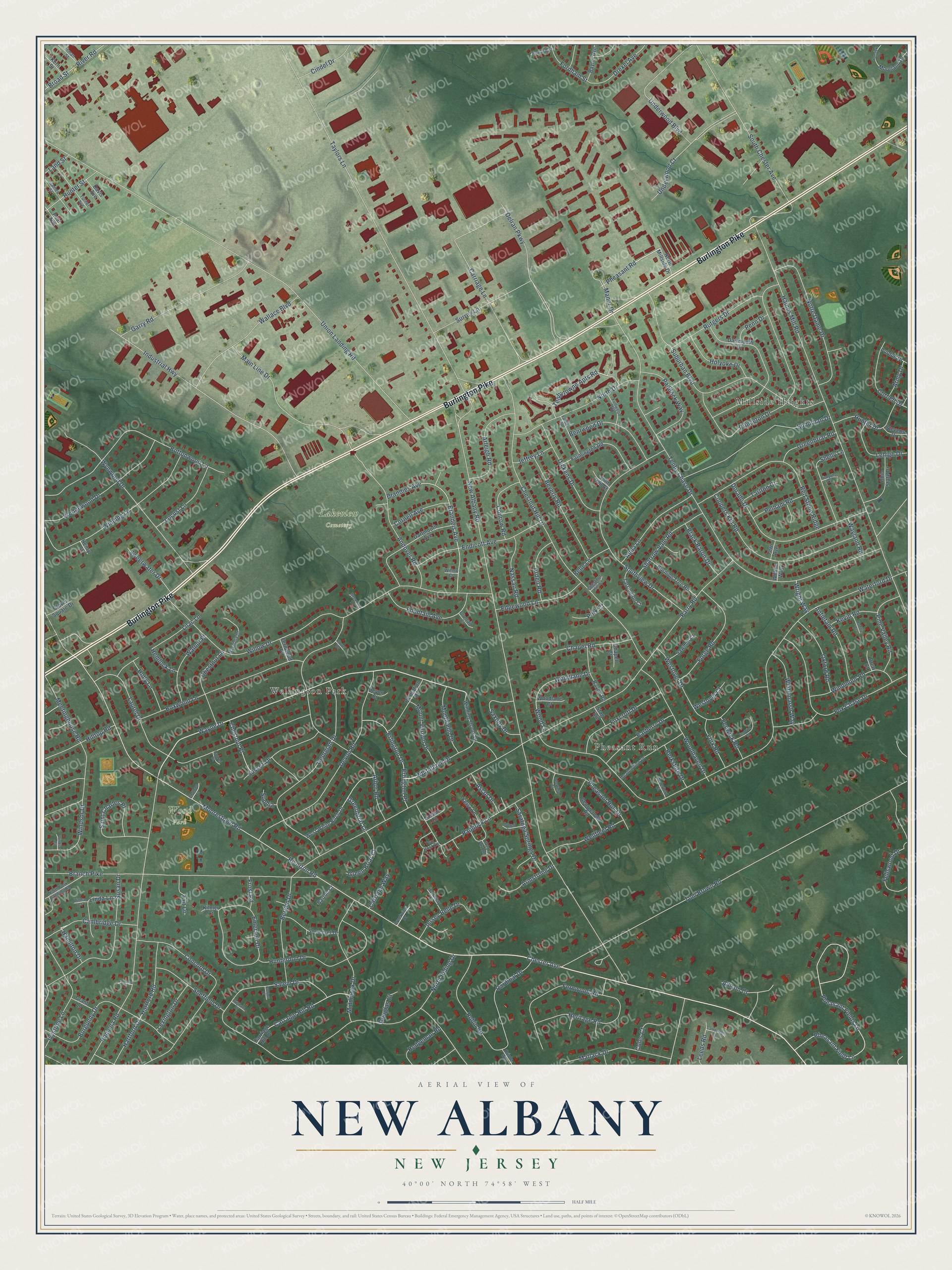 Full map of New Albany, New Jersey, with red buildings, printed street names and the land around them