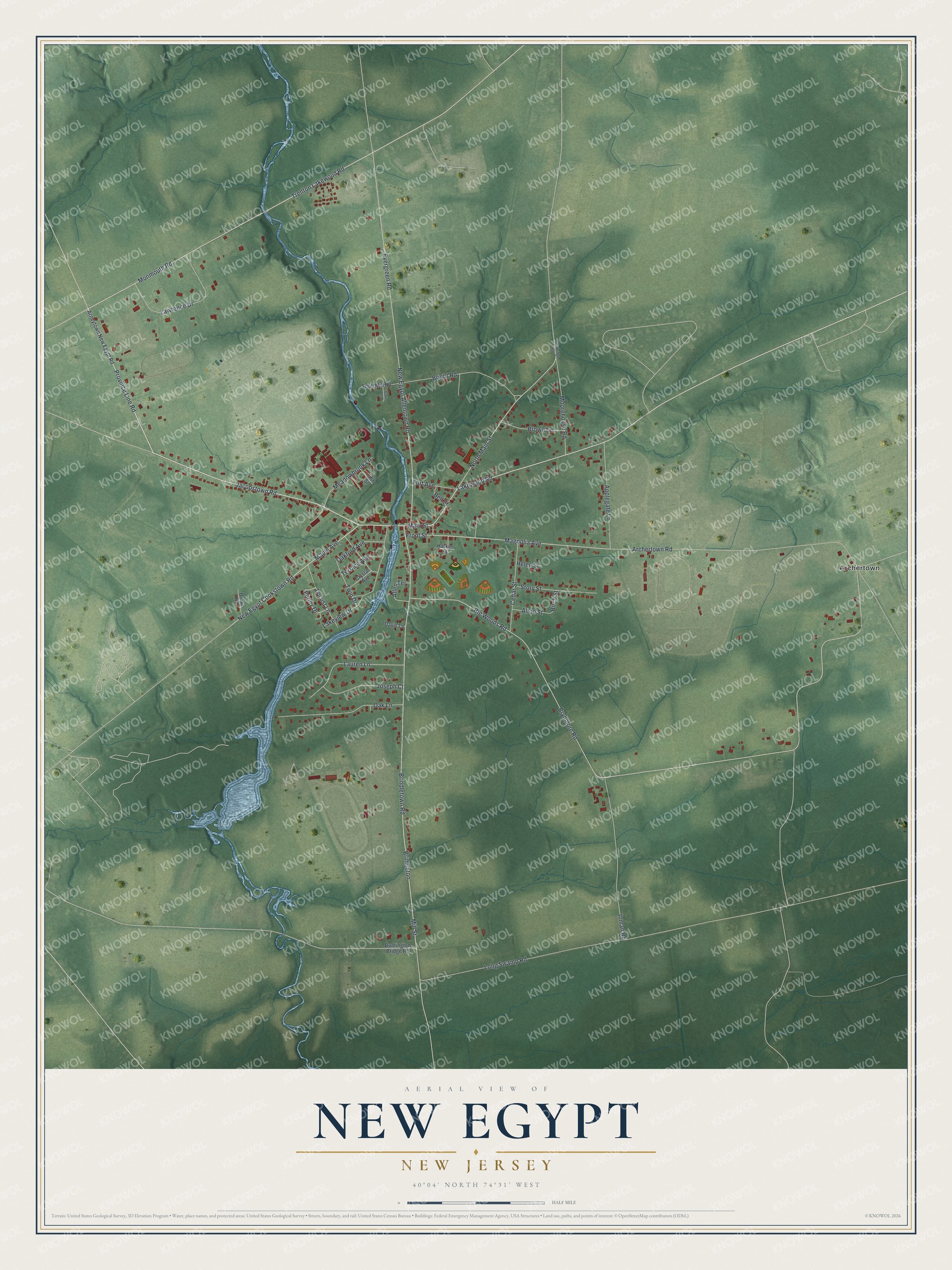 Full map of New Egypt, New Jersey, with red buildings, printed street names and the land around them