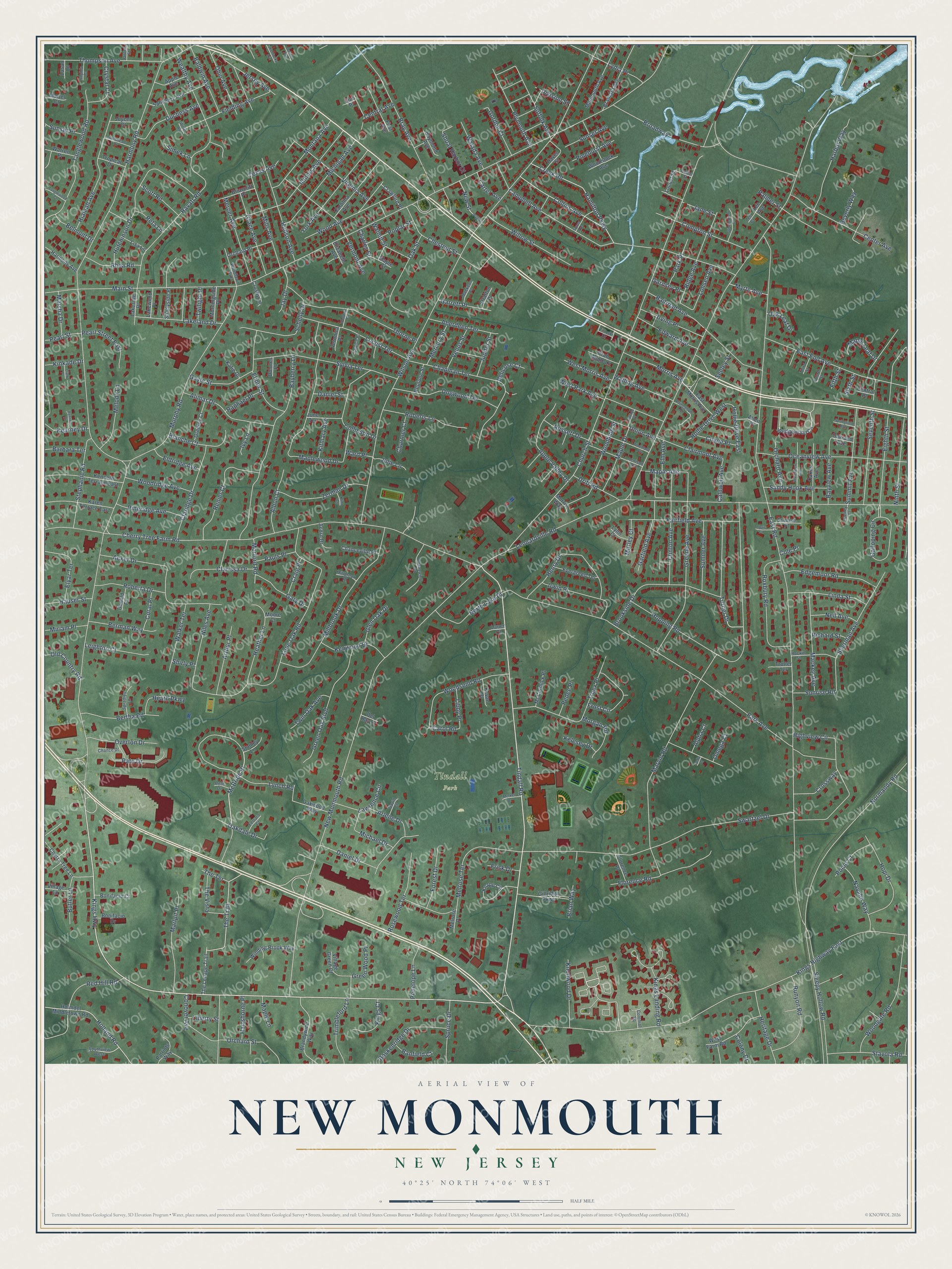 Full map of New Monmouth, New Jersey, with red buildings, printed street names and the land around them