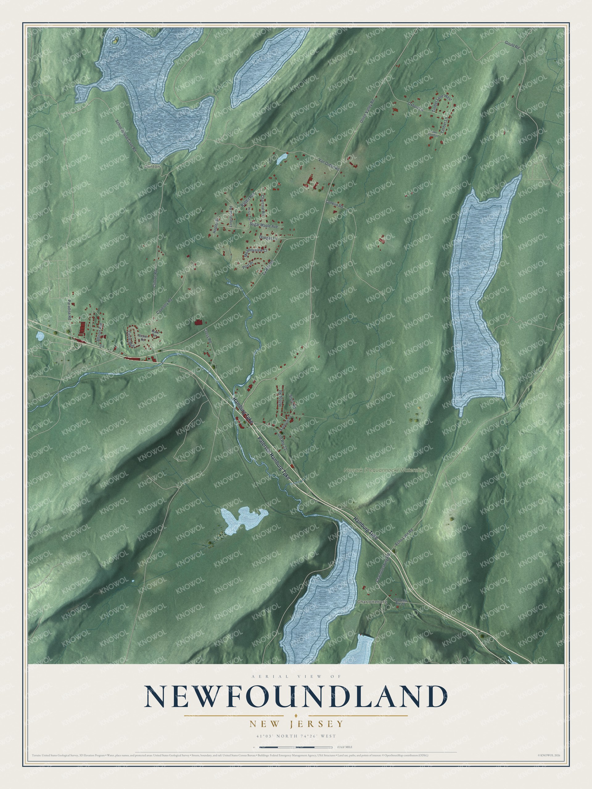 Full map of Newfoundland, New Jersey, with red buildings, printed street names and the land around them