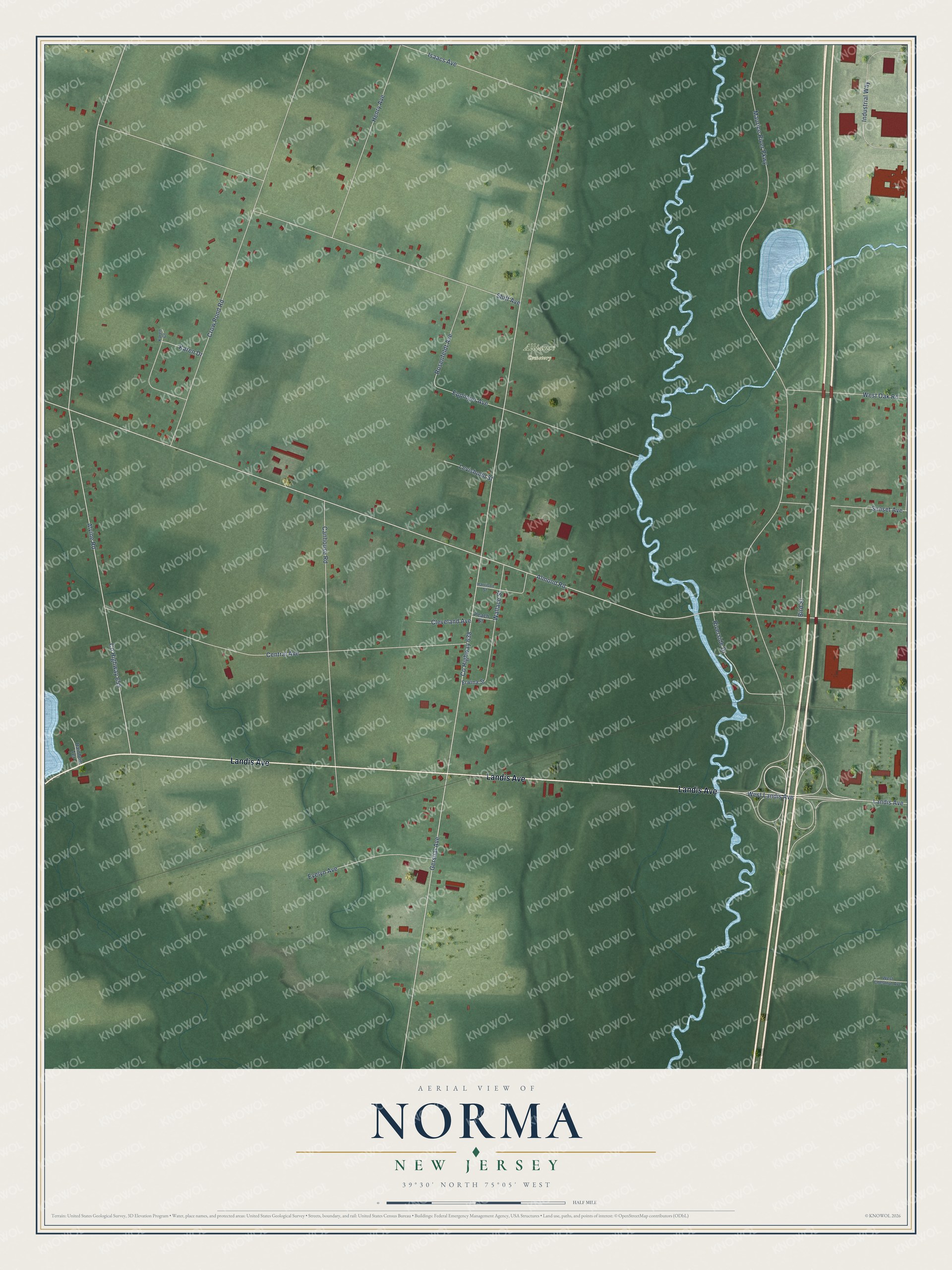 Full map of Norma, New Jersey, with red buildings, printed street names and the land around them