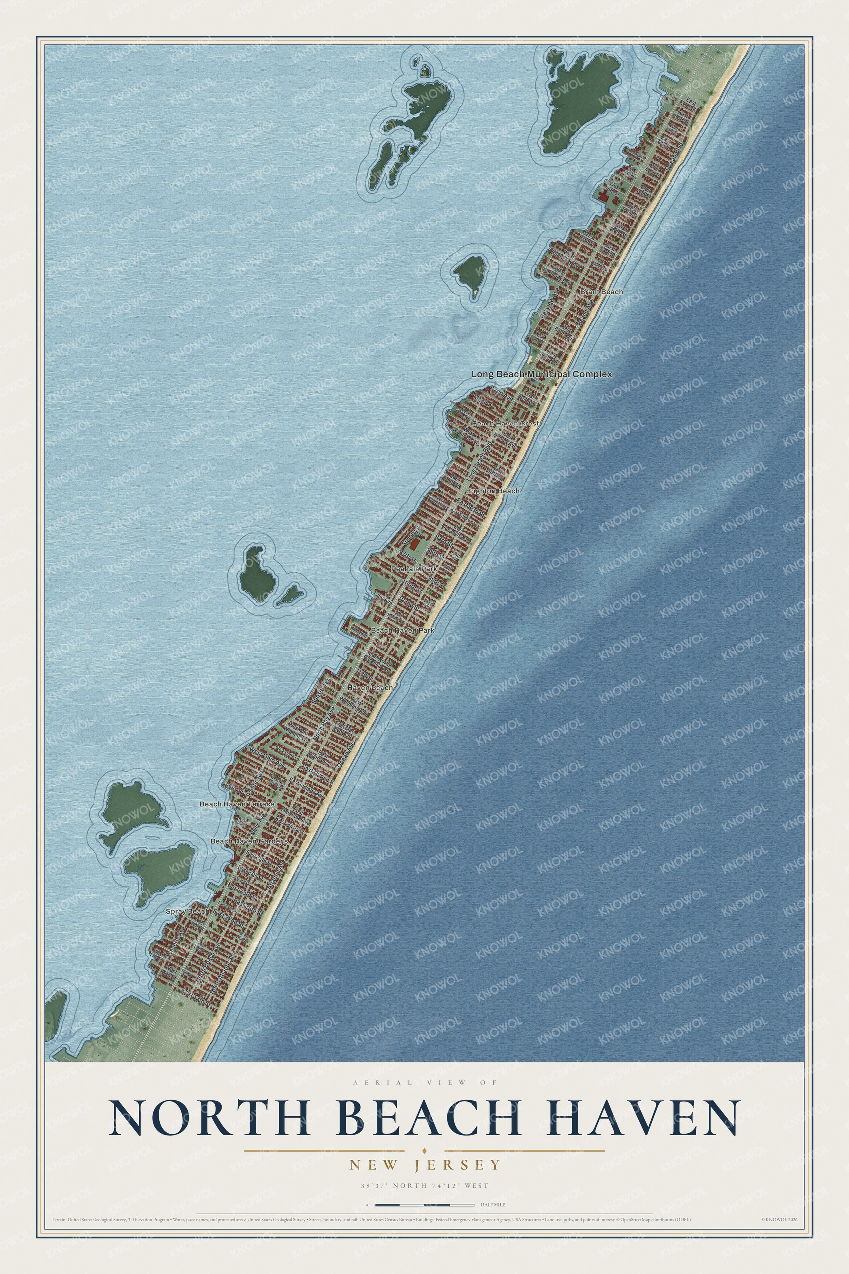 Full map of North Beach Haven, New Jersey, with red buildings, printed street names and the land around them