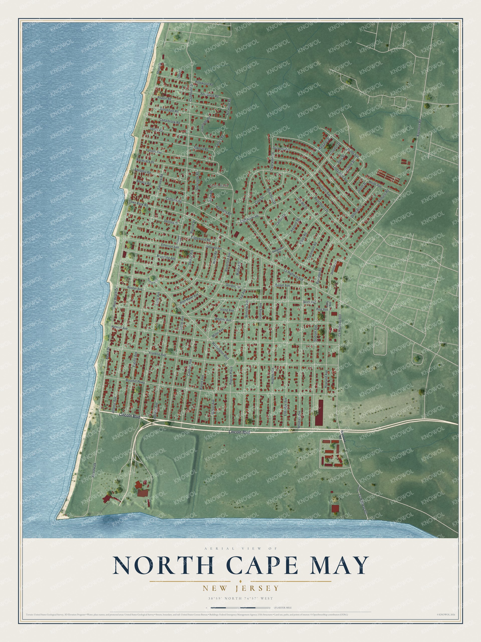 Full map of North Cape May, New Jersey, with red buildings, printed street names and the land around them