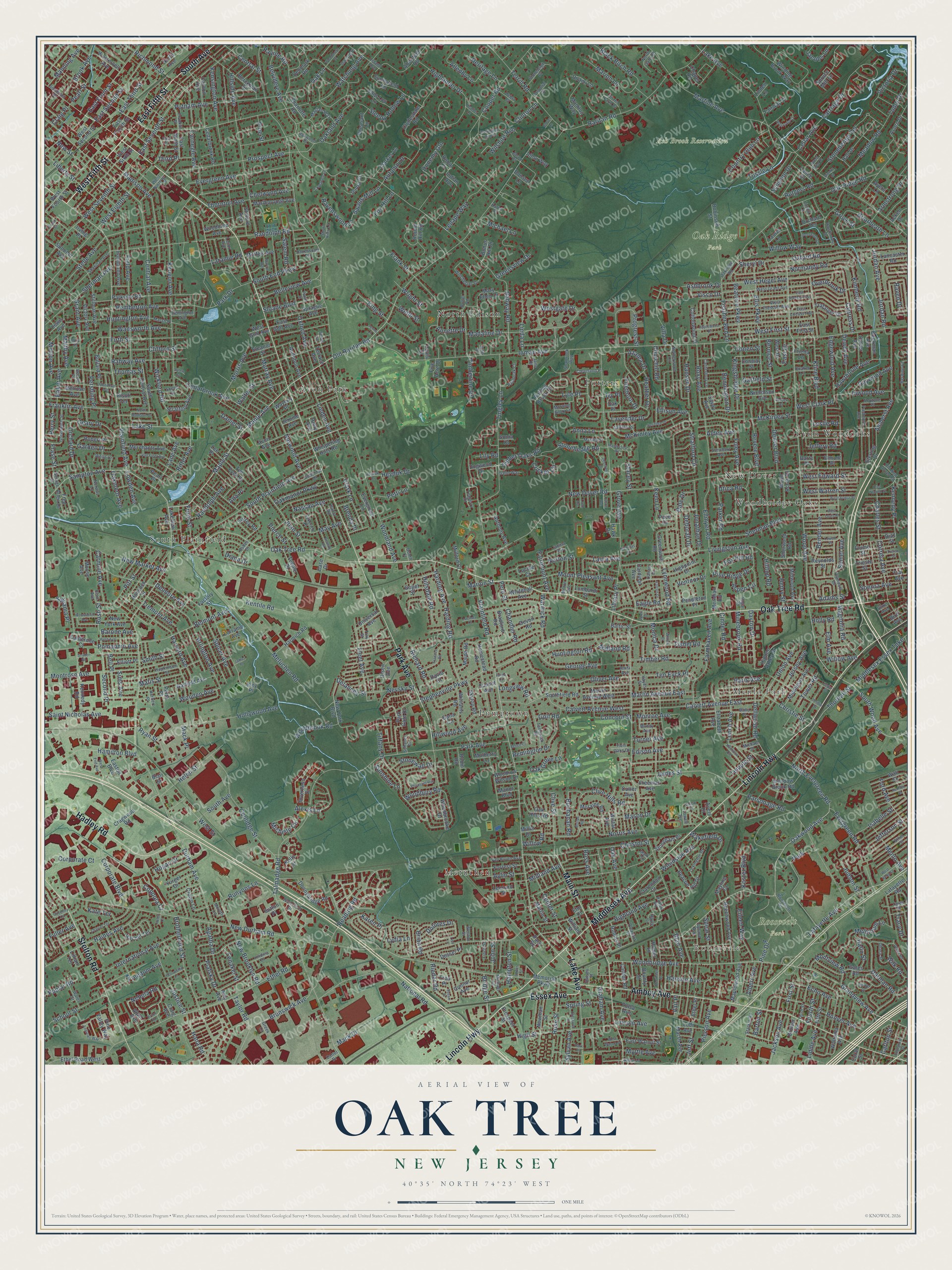 Full map of Oak Tree, New Jersey, with red buildings, printed street names and the land around them