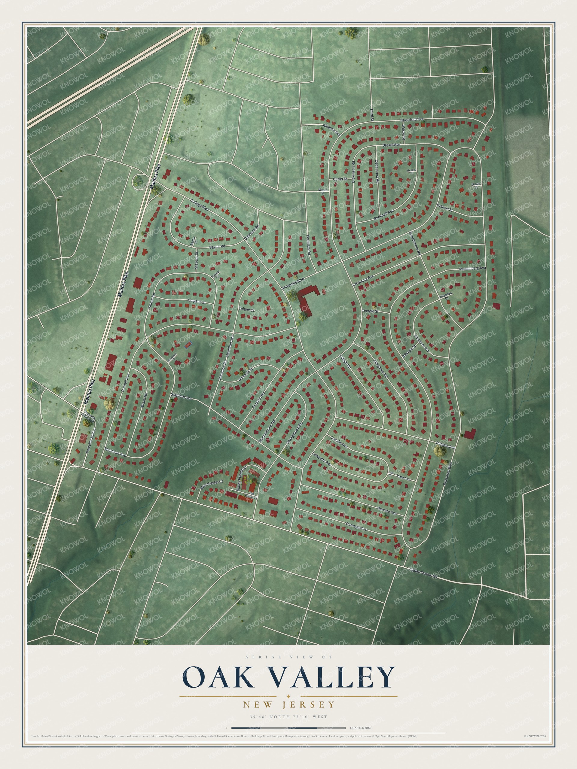 Full map of Oak Valley, New Jersey, with red buildings, printed street names and the land around them