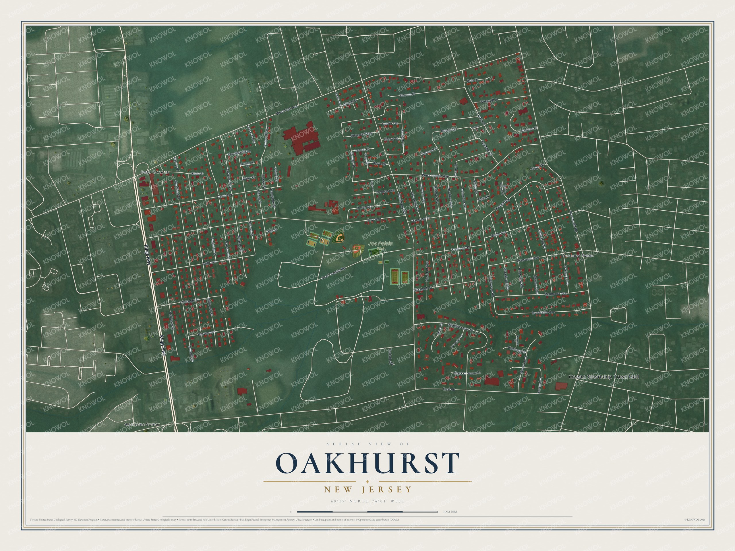 Full map of Oakhurst, New Jersey, with red buildings, printed street names and the land around them