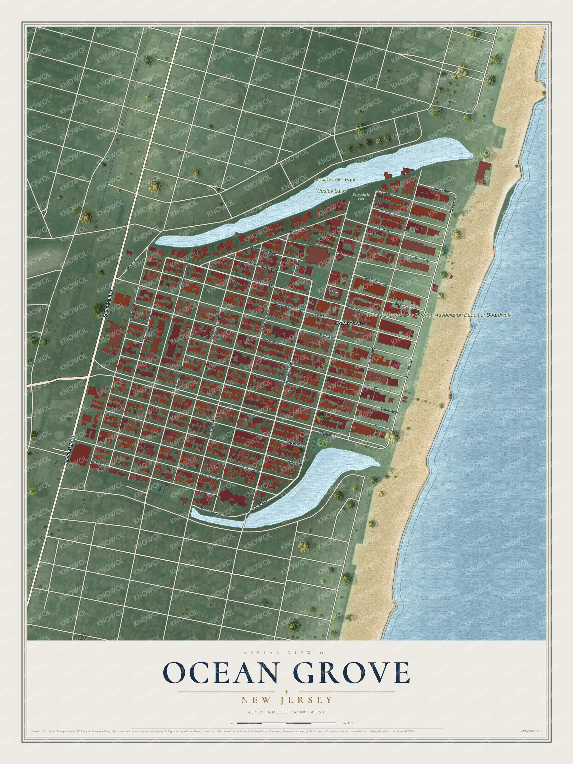 Full map of Ocean Grove, New Jersey, with red buildings, printed street names and the land around them