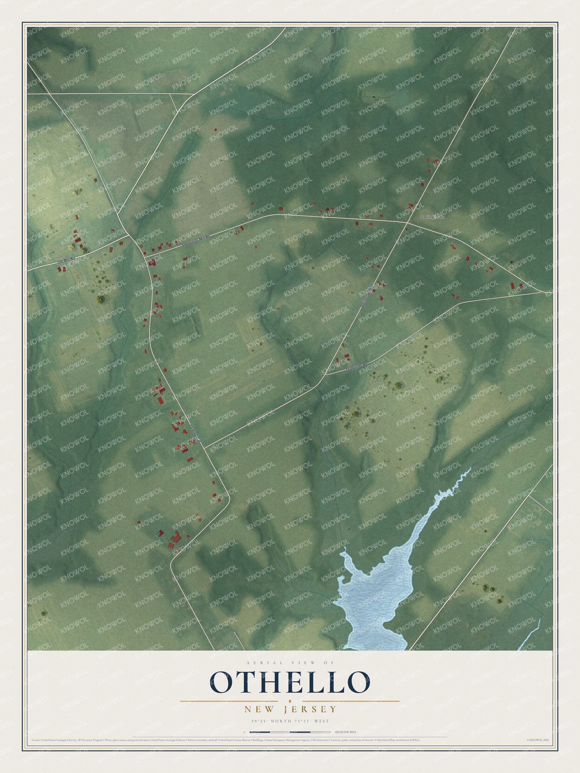 Full map of Othello, New Jersey, with red buildings, printed street names and the land around them