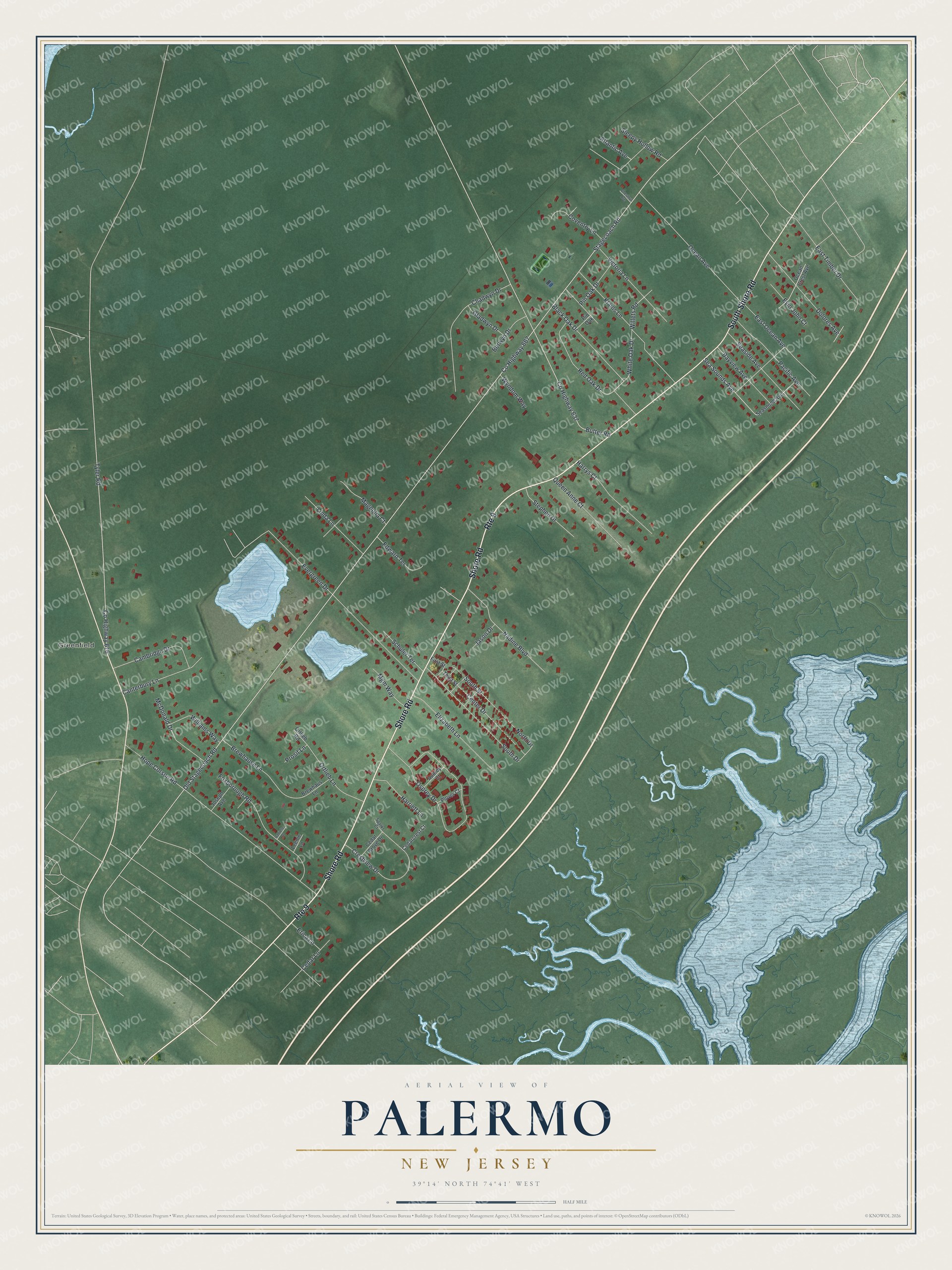 Full map of Palermo, New Jersey, with red buildings, printed street names and the land around them