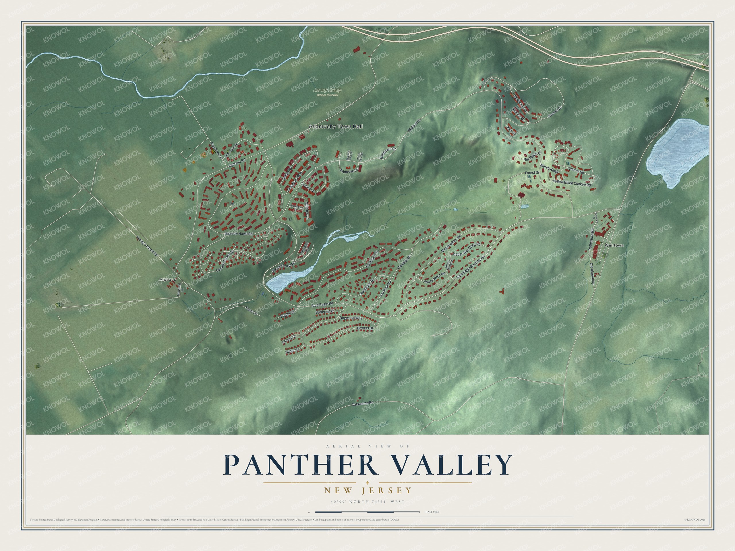 Full map of Panther Valley, New Jersey, with red buildings, printed street names and the land around them