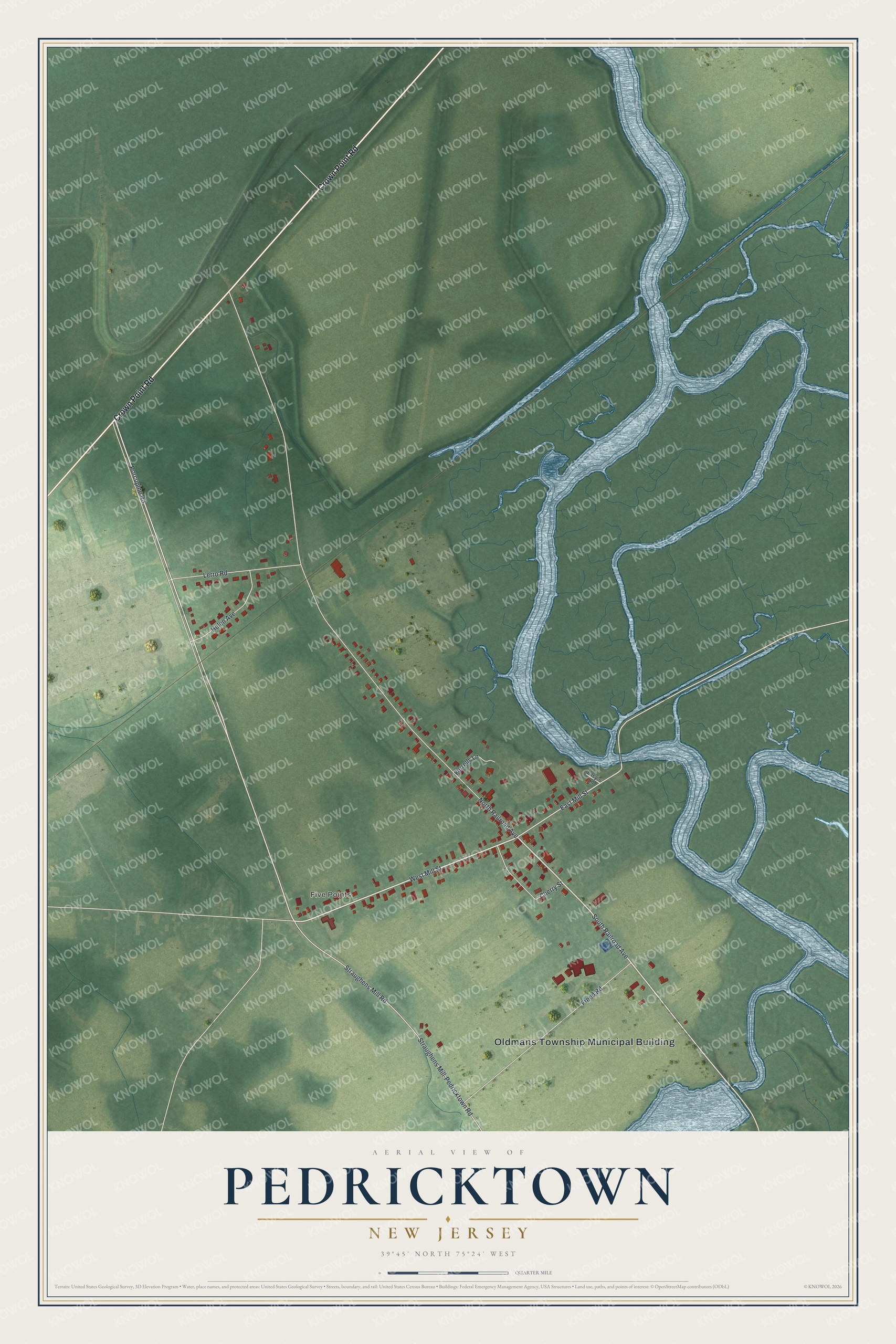 Full map of Pedricktown, New Jersey, with red buildings, printed street names and the land around them