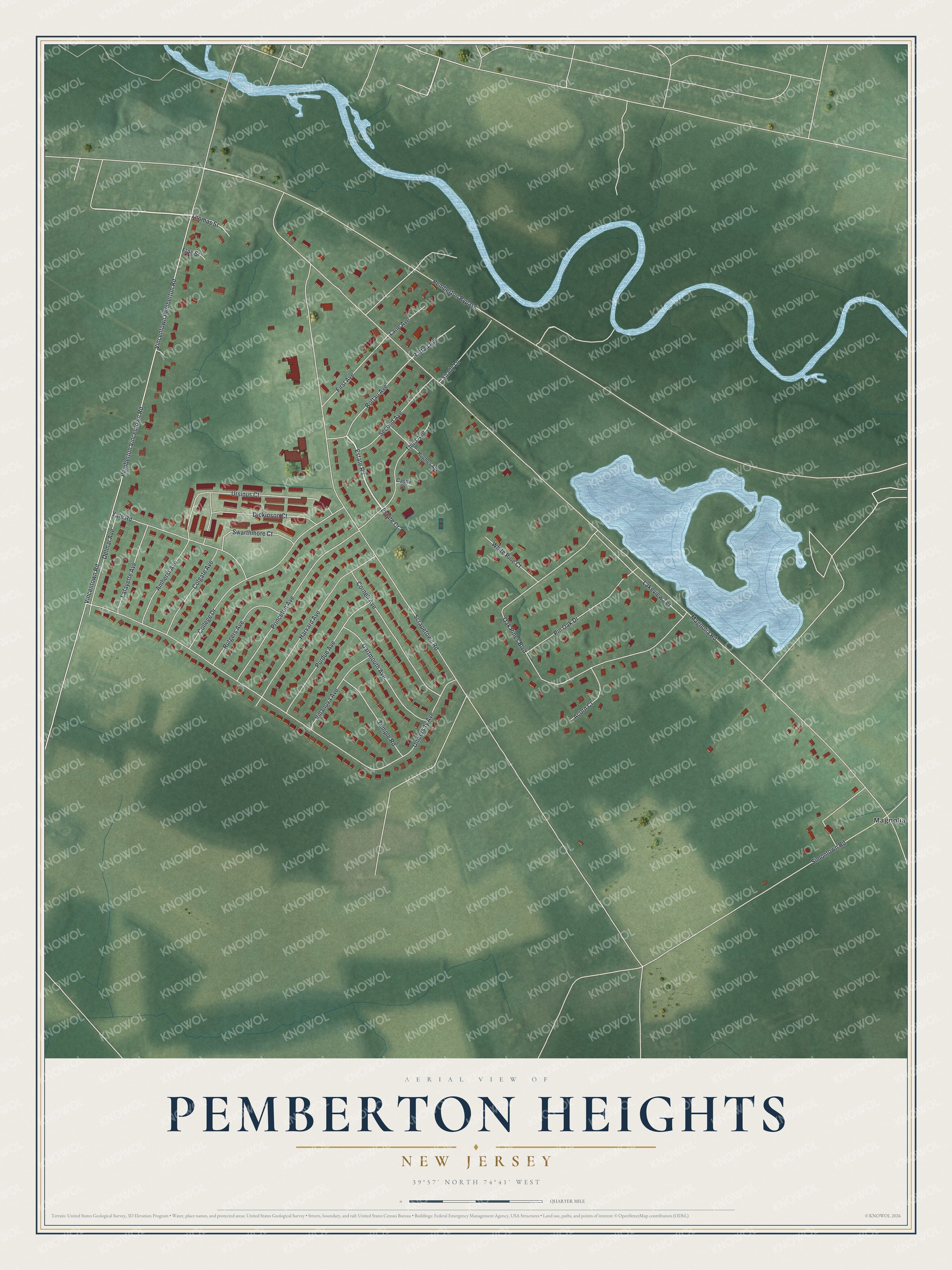 Full map of Pemberton Heights, New Jersey, with red buildings, printed street names and the land around them