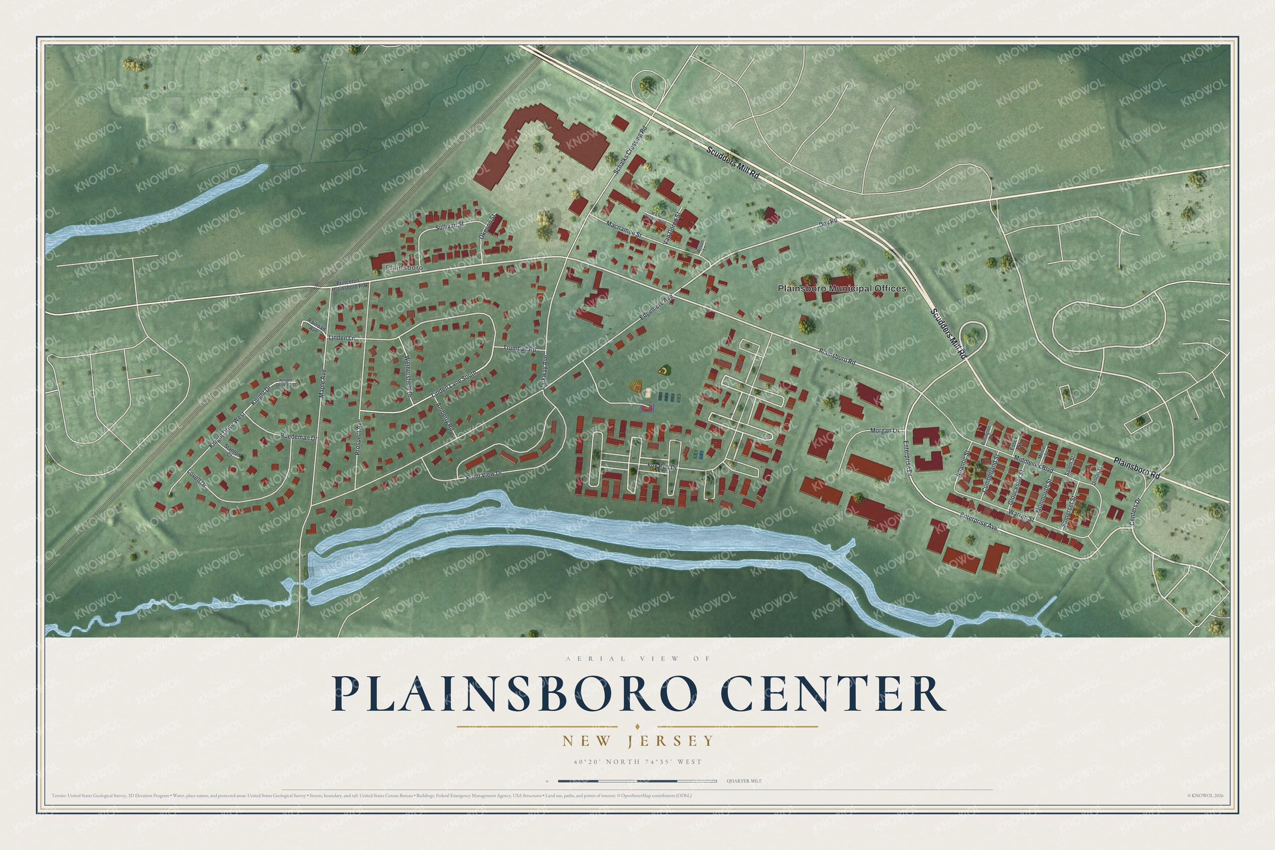 Full map of Plainsboro Center, New Jersey, with red buildings, printed street names and the land around them