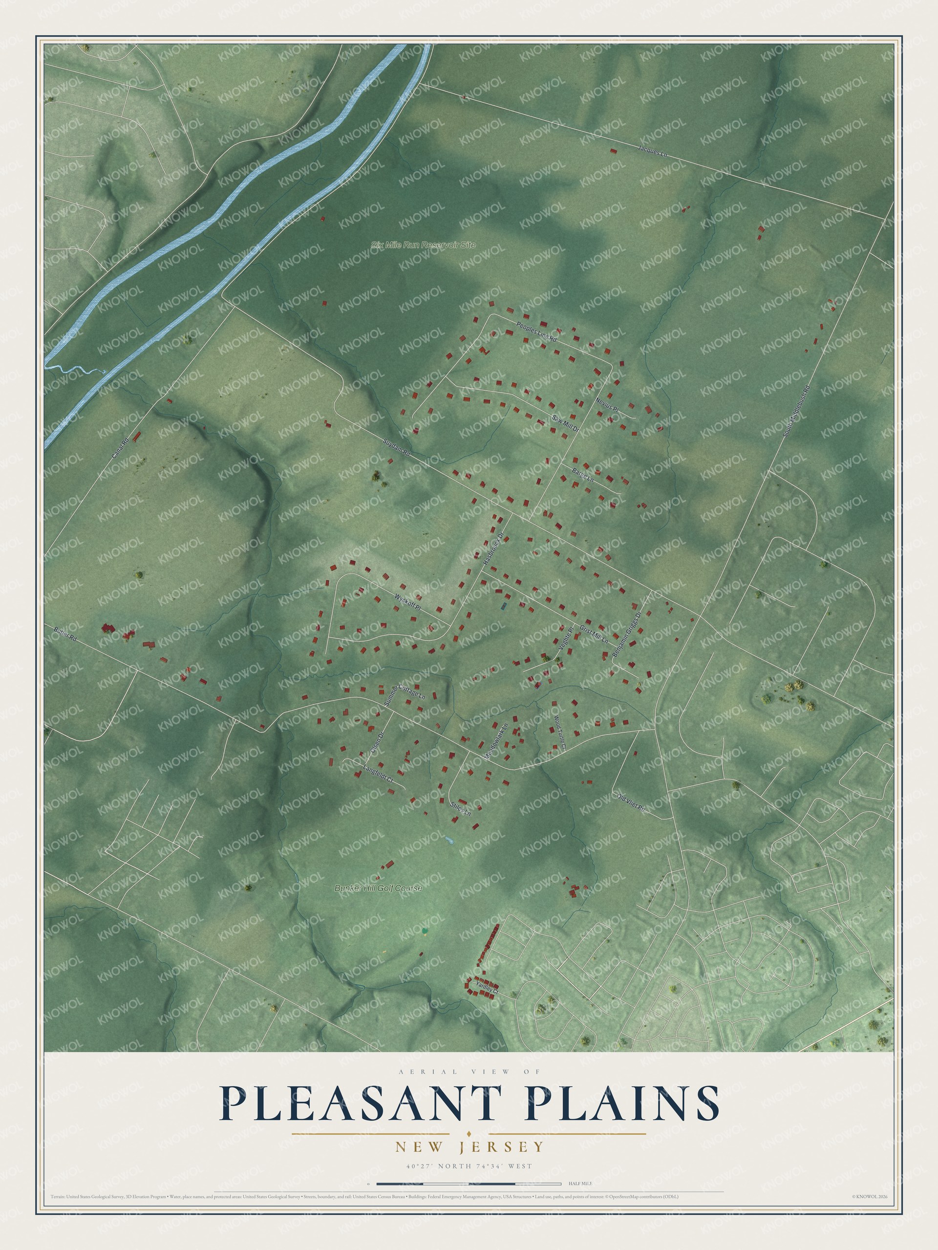 Full map of Pleasant Plains, New Jersey, with red buildings, printed street names and the land around them