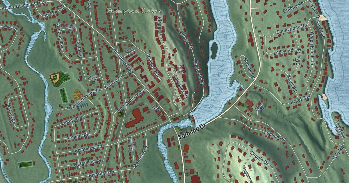 Close-up of streets and buildings in Pompton, New Jersey