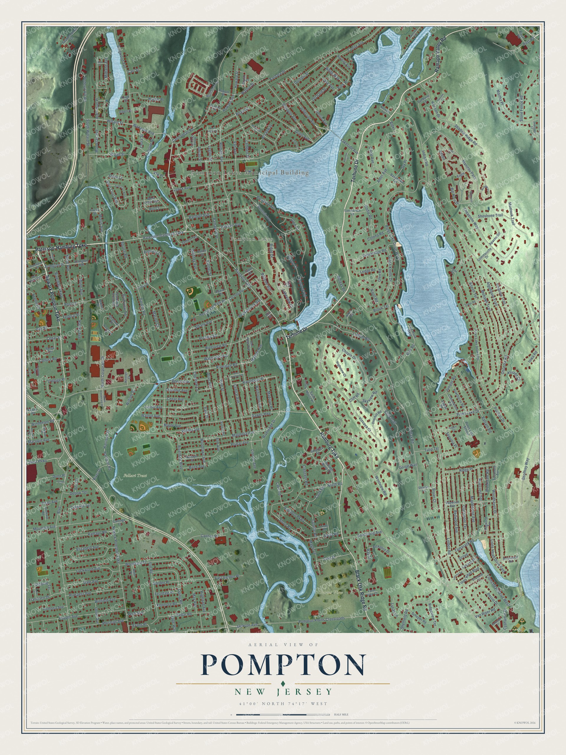 Full map of Pompton, New Jersey, with red buildings, printed street names and the land around them