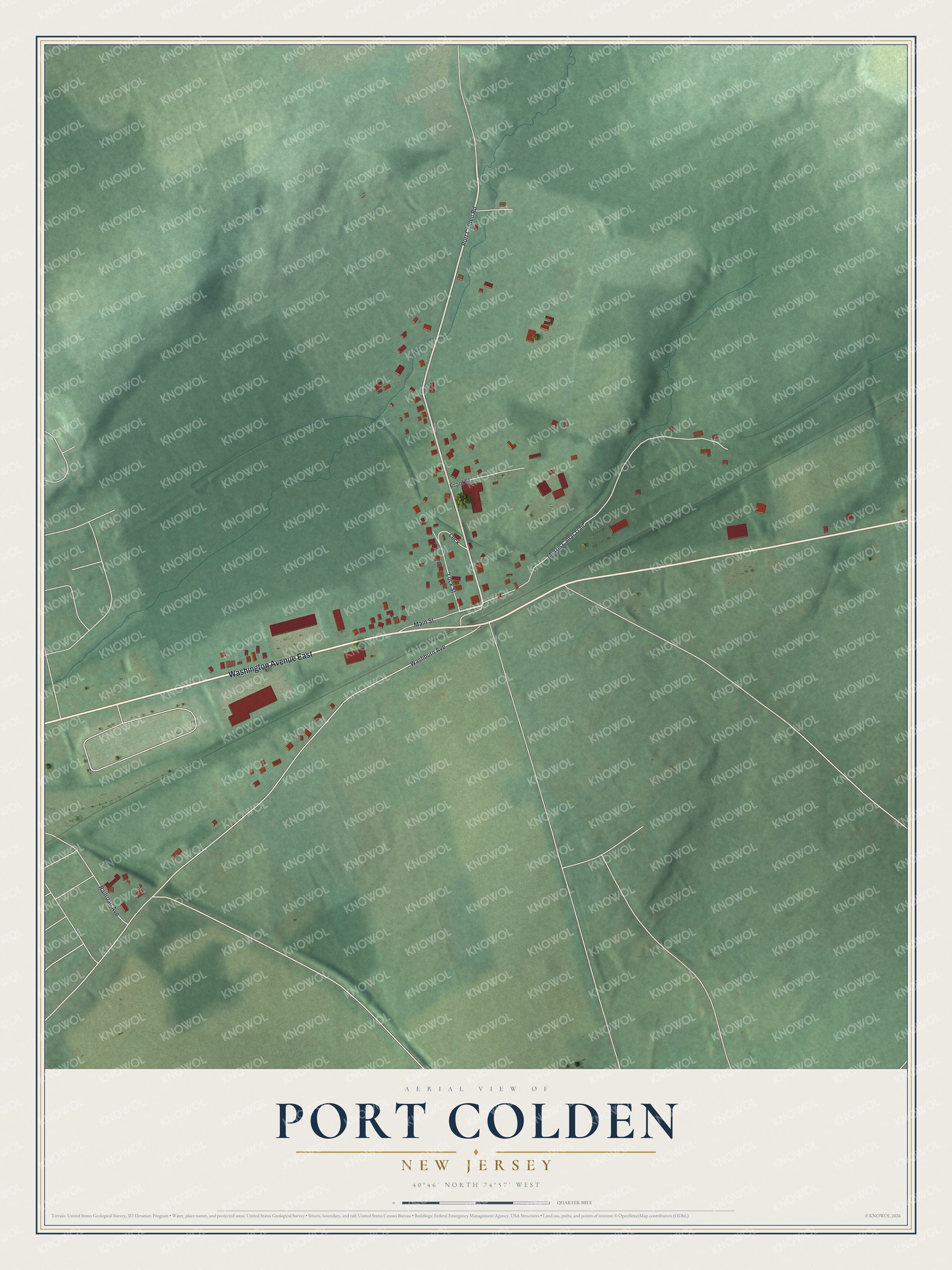 Full map of Port Colden, New Jersey, with red buildings, printed street names and the land around them