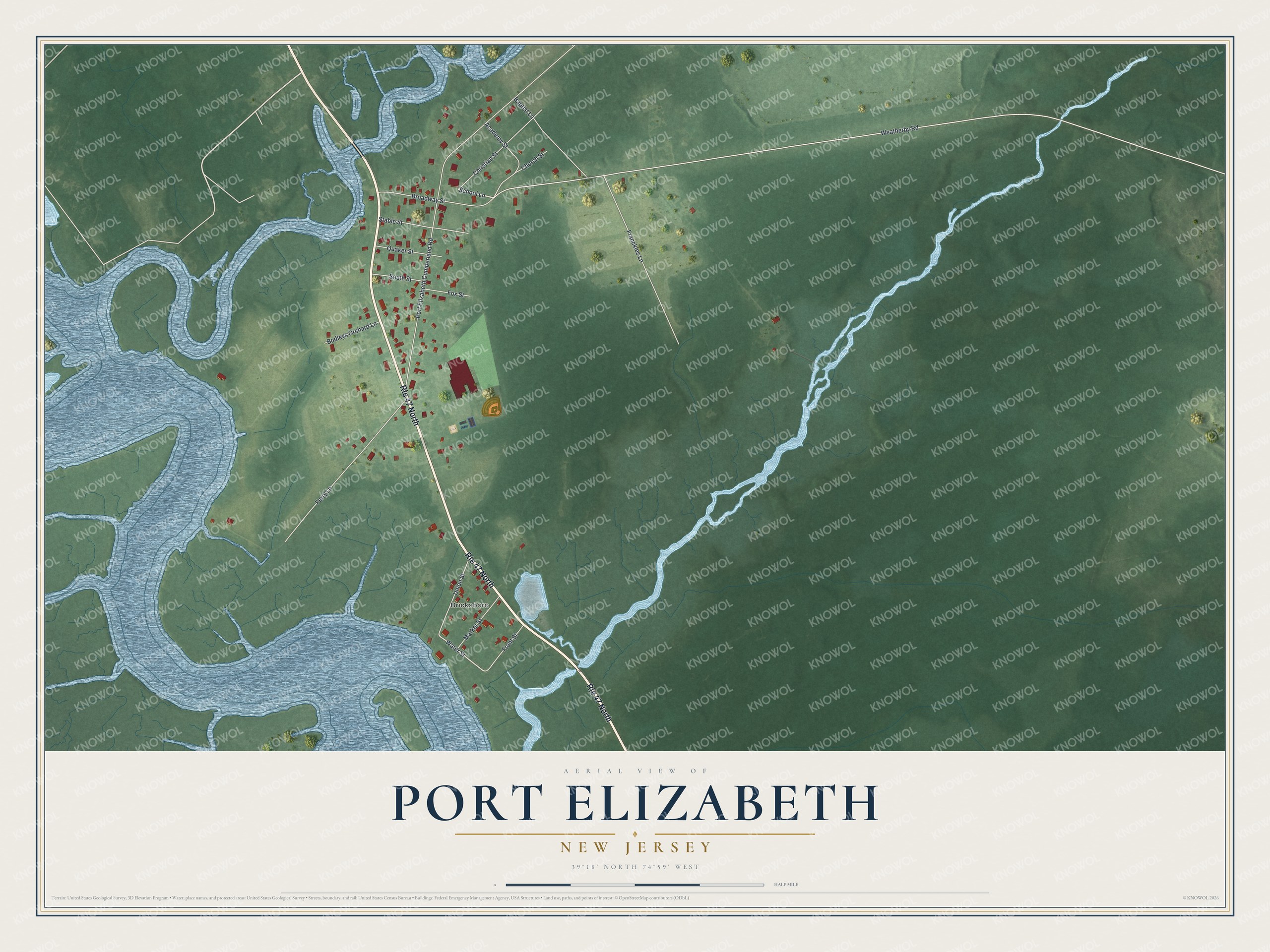Full map of Port Elizabeth, New Jersey, with red buildings, printed street names and the land around them
