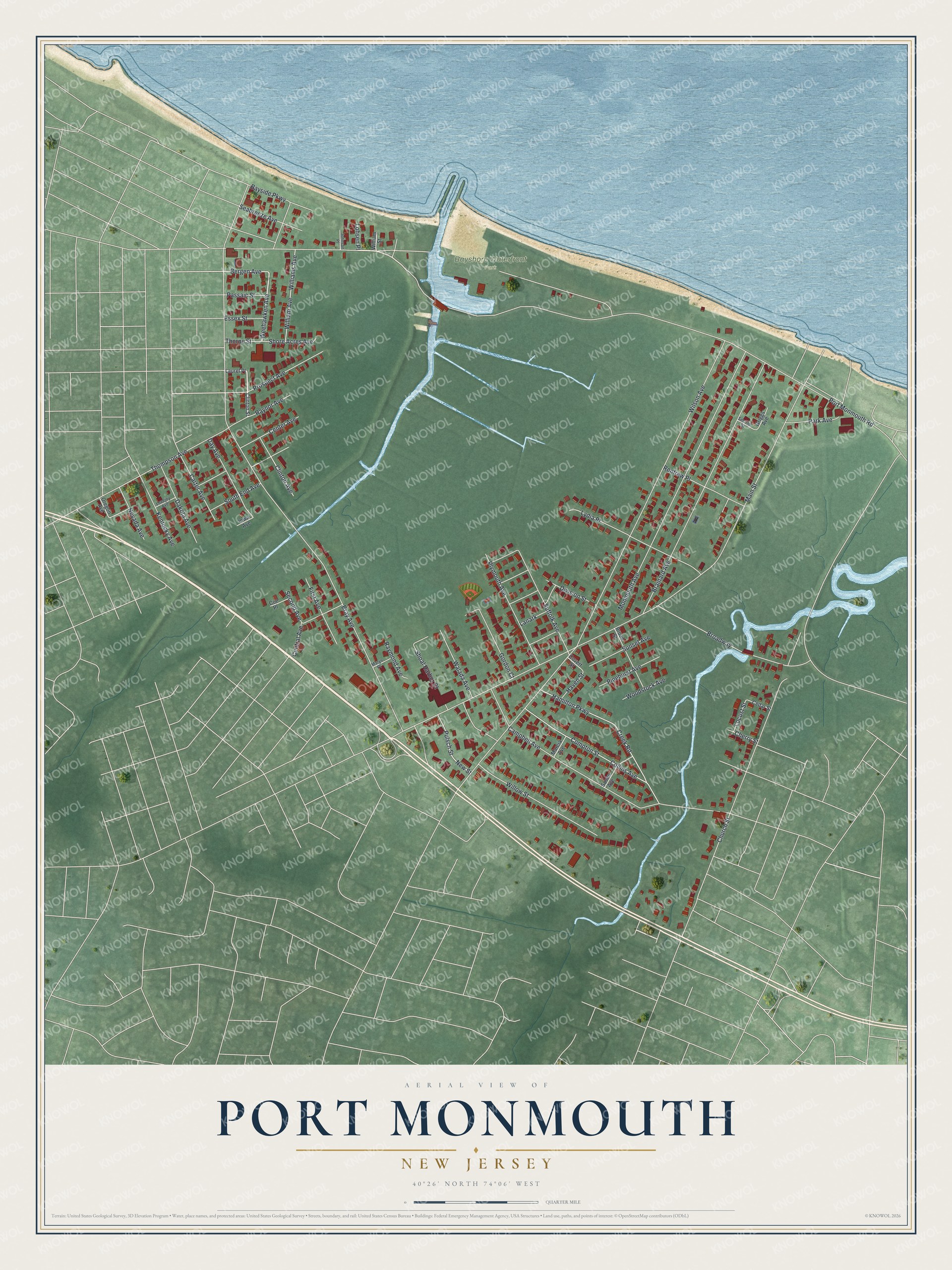 Full map of Port Monmouth, New Jersey, with red buildings, printed street names and the land around them