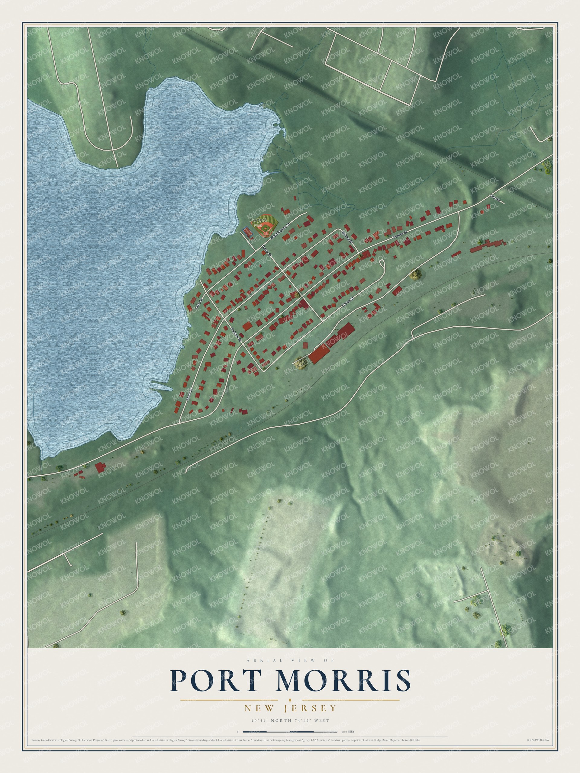 Full map of Port Morris, New Jersey, with red buildings, printed street names and the land around them