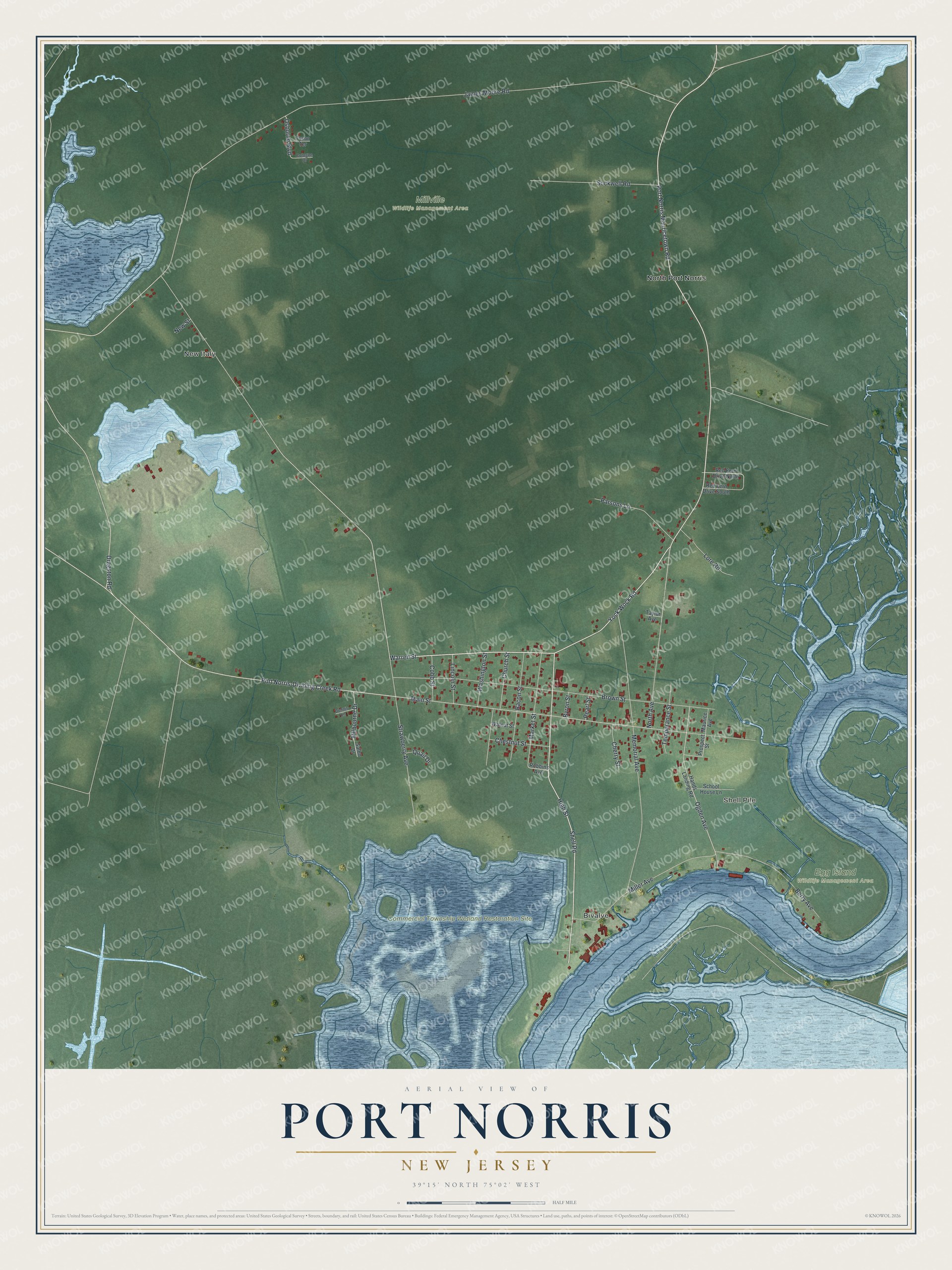 Full map of Port Norris, New Jersey, with red buildings, printed street names and the land around them