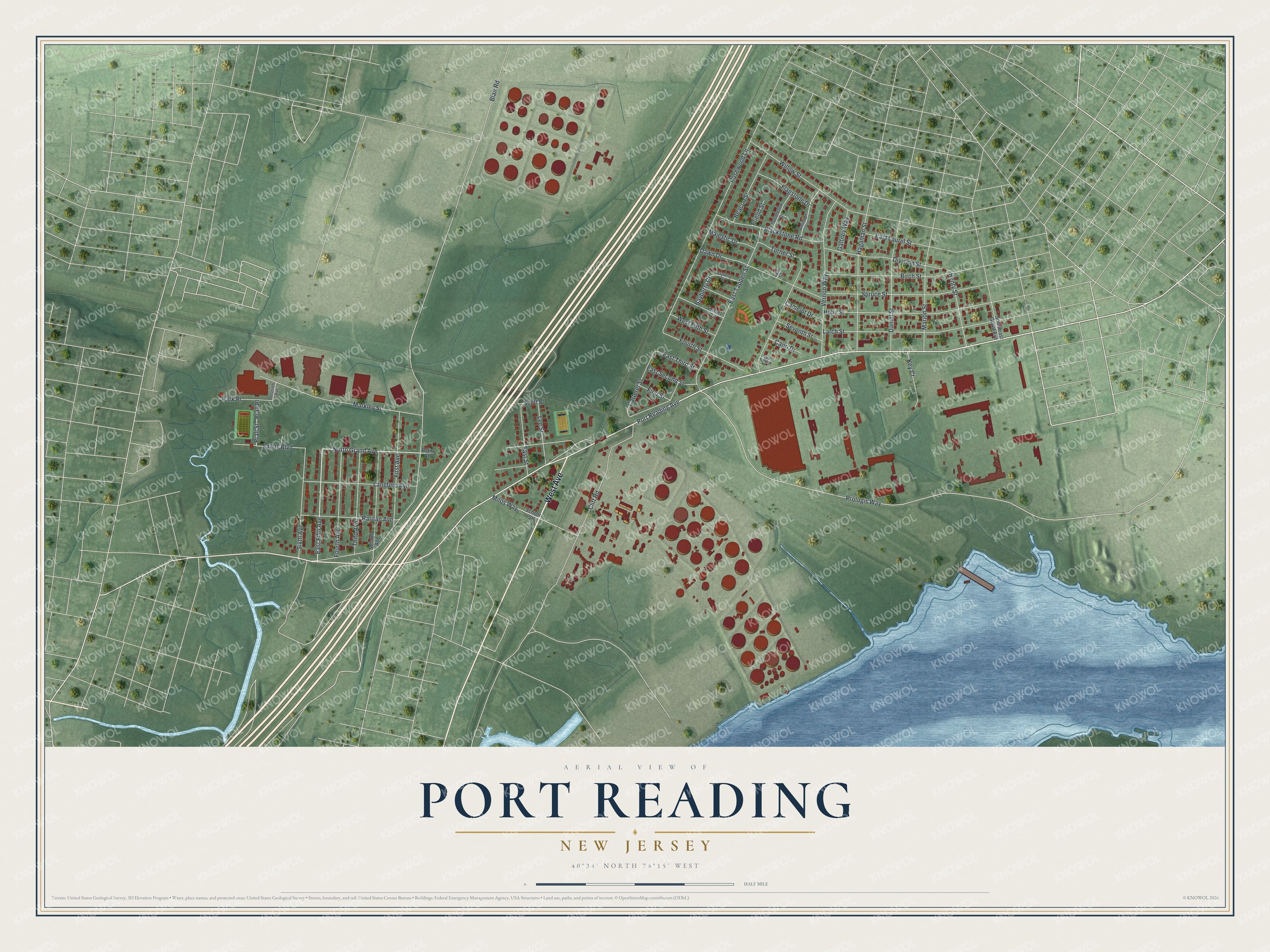 Full map of Port Reading, New Jersey, with red buildings, printed street names and the land around them