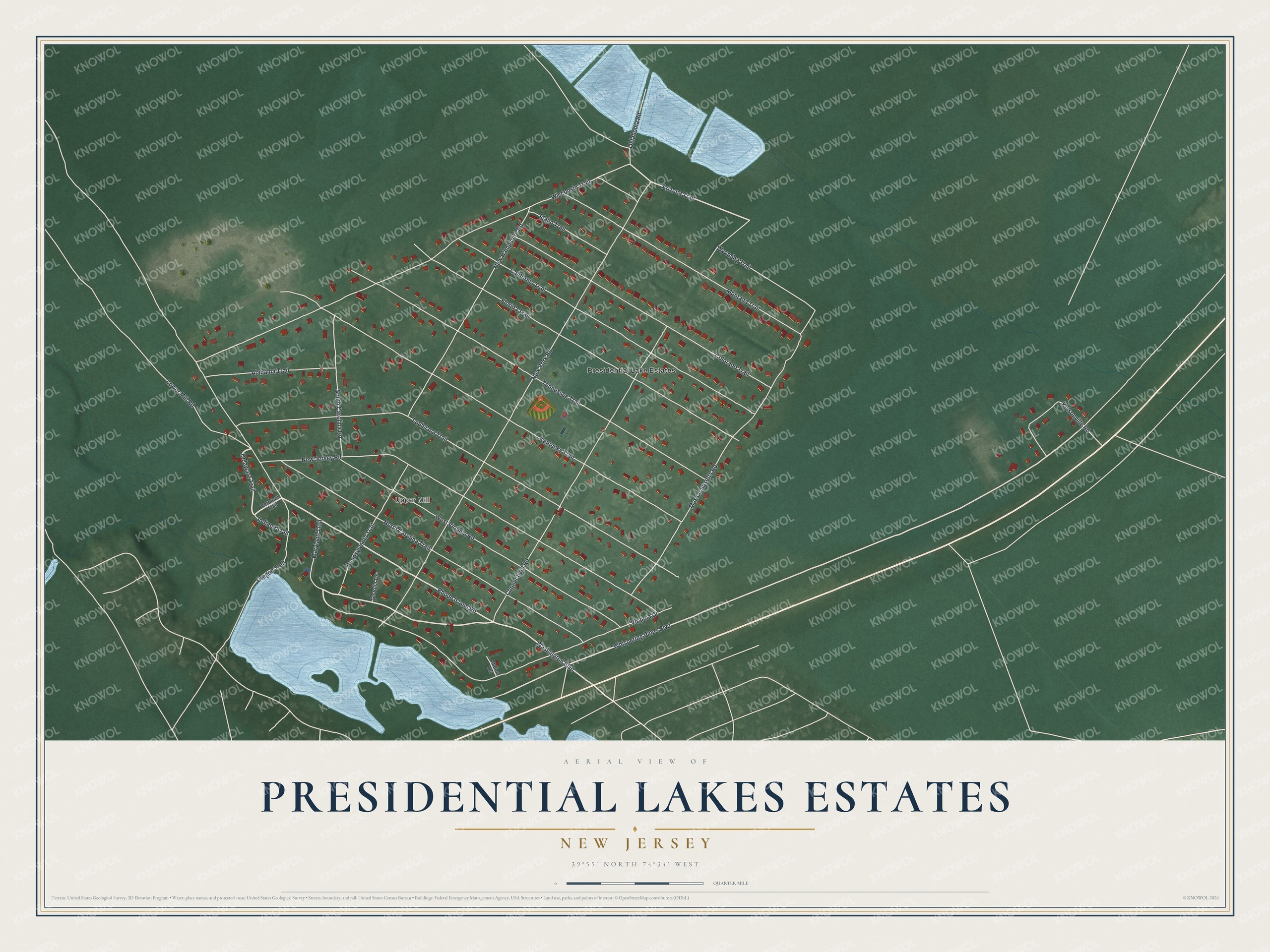 Full map of Presidential Lakes Estates, New Jersey, with red buildings, printed street names and the land around them