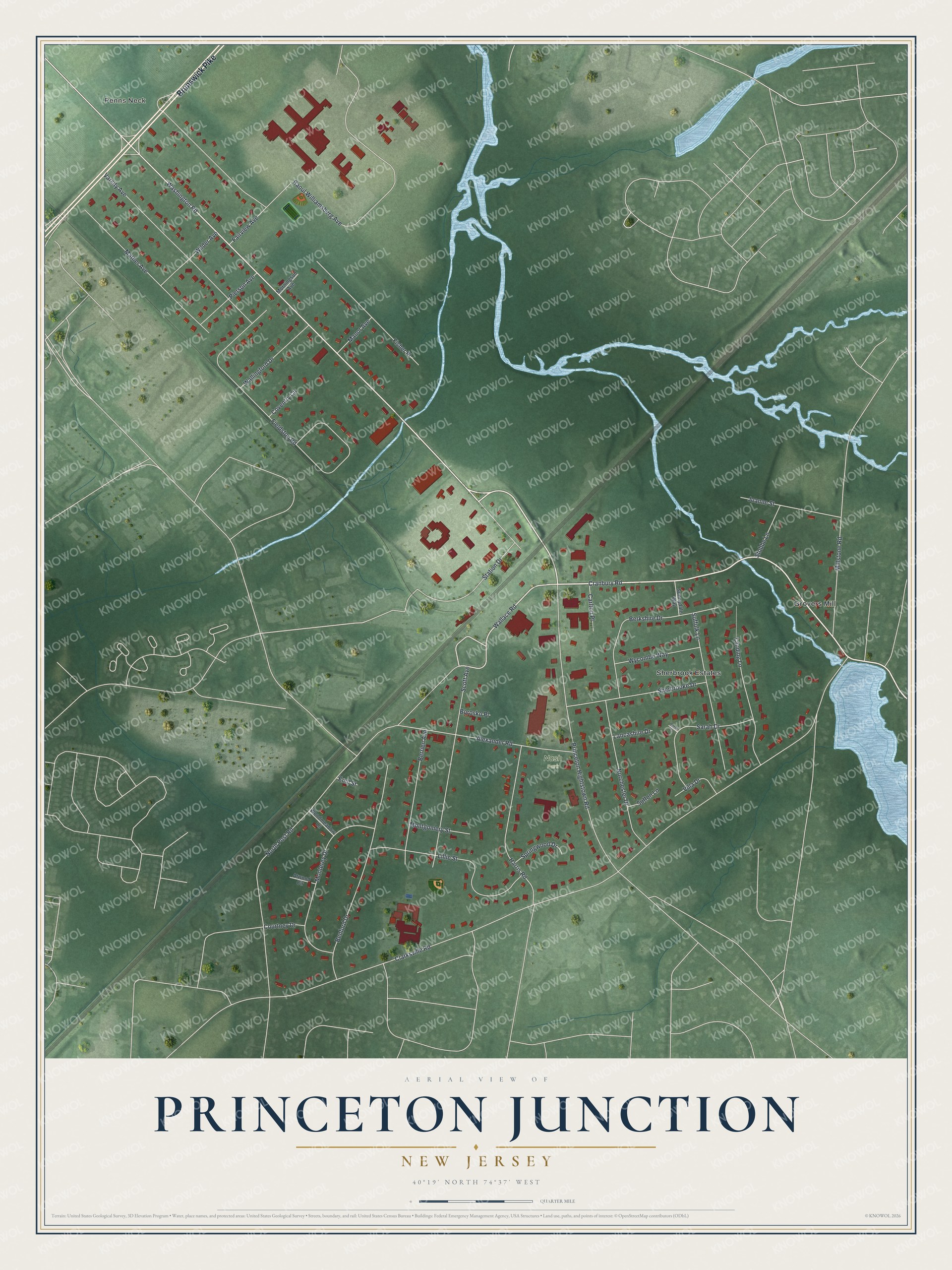 Full map of Princeton Junction, New Jersey, with red buildings, printed street names and the land around them
