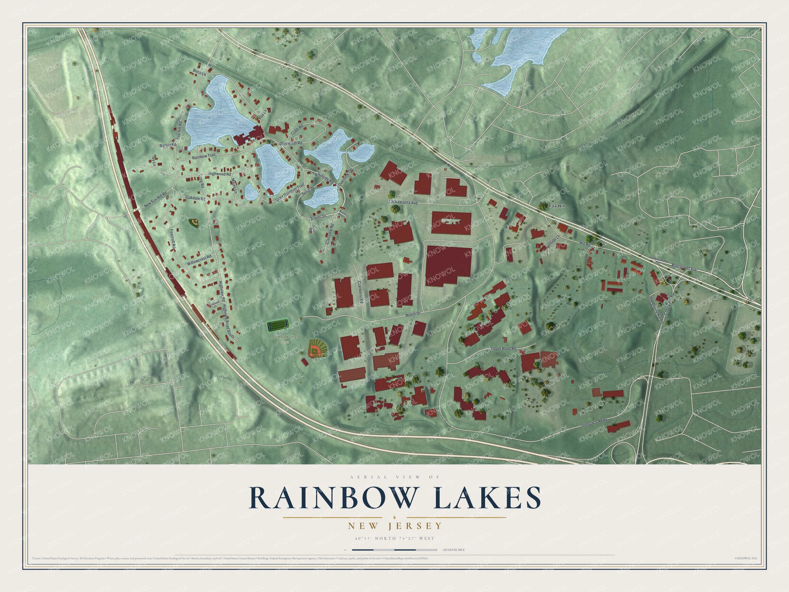 Full map of Rainbow Lakes, New Jersey, with red buildings, printed street names and the land around them