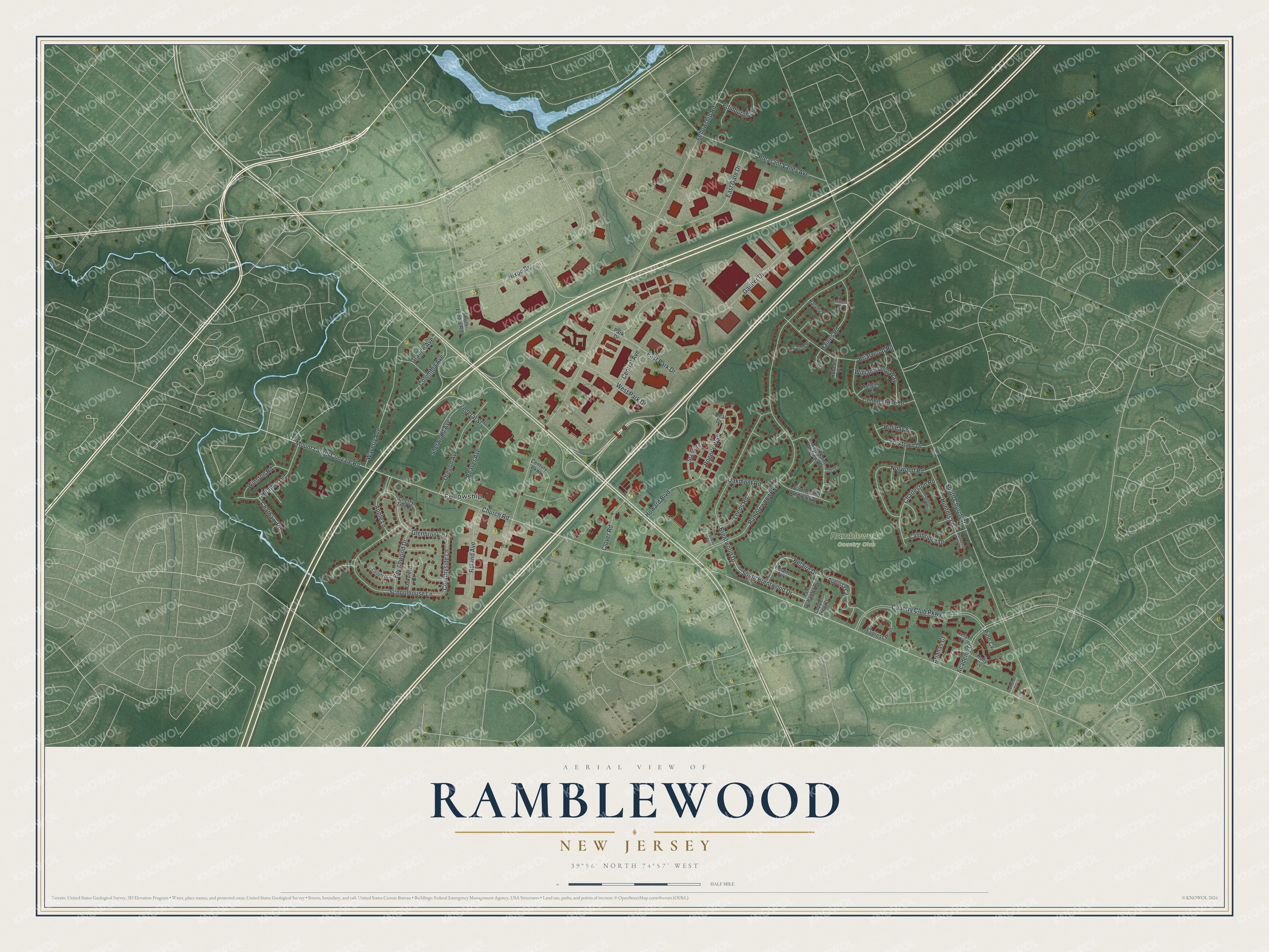 Full map of Ramblewood, New Jersey, with red buildings, printed street names and the land around them
