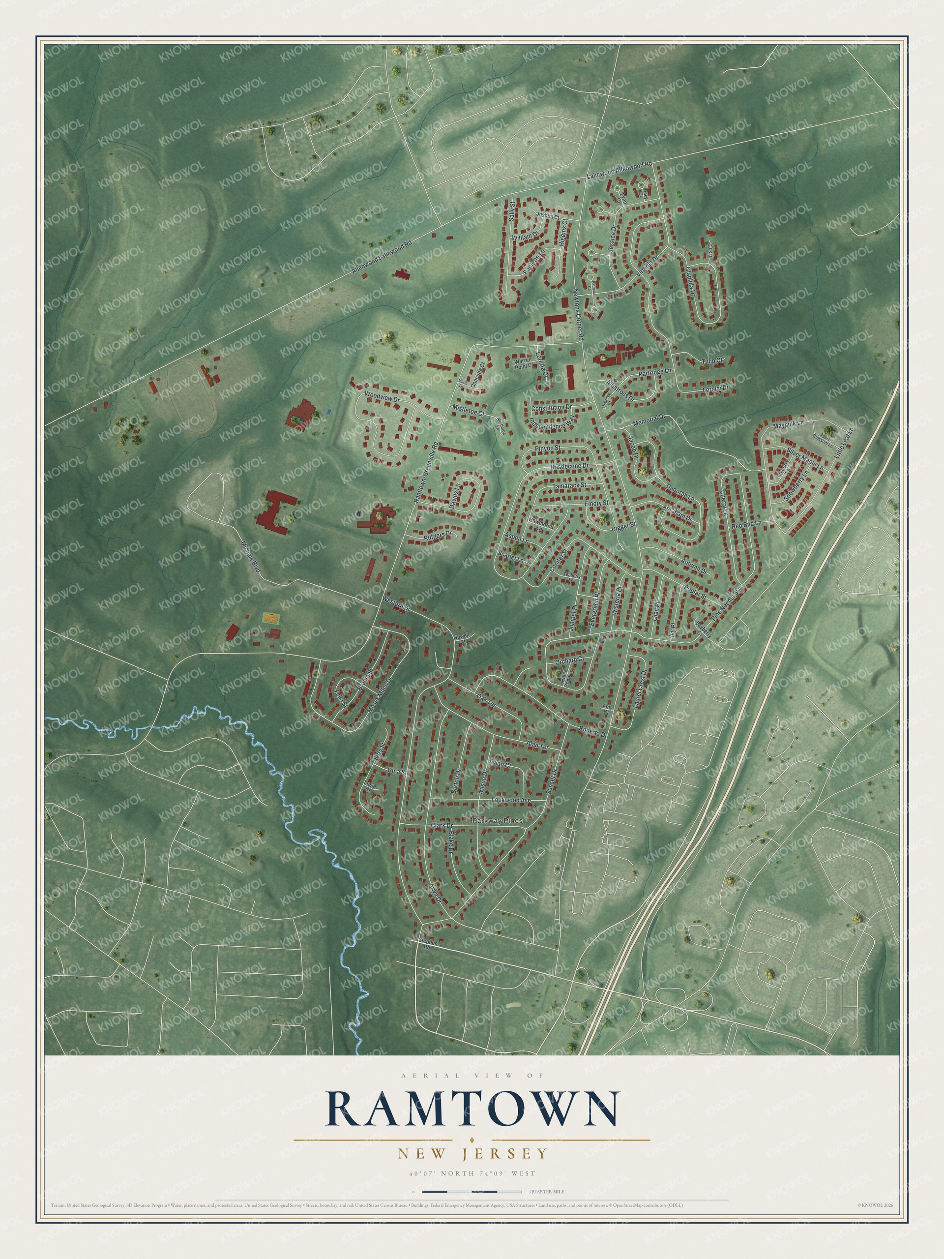 Full map of Ramtown, New Jersey, with red buildings, printed street names and the land around them