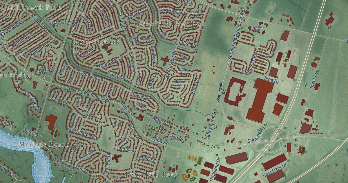 Close-up of streets and buildings in Rancocas, New Jersey