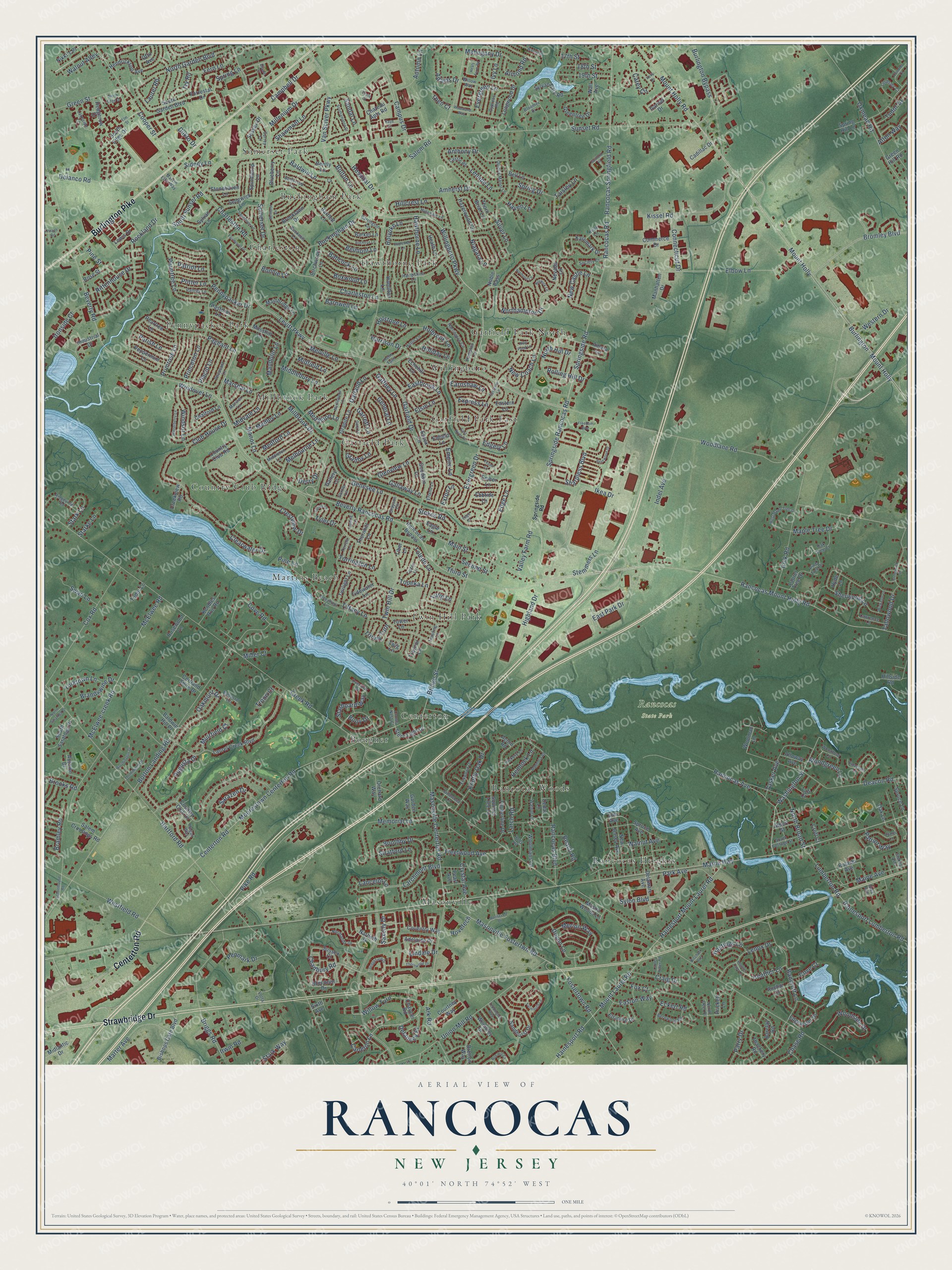 Full map of Rancocas, New Jersey, with red buildings, printed street names and the land around them