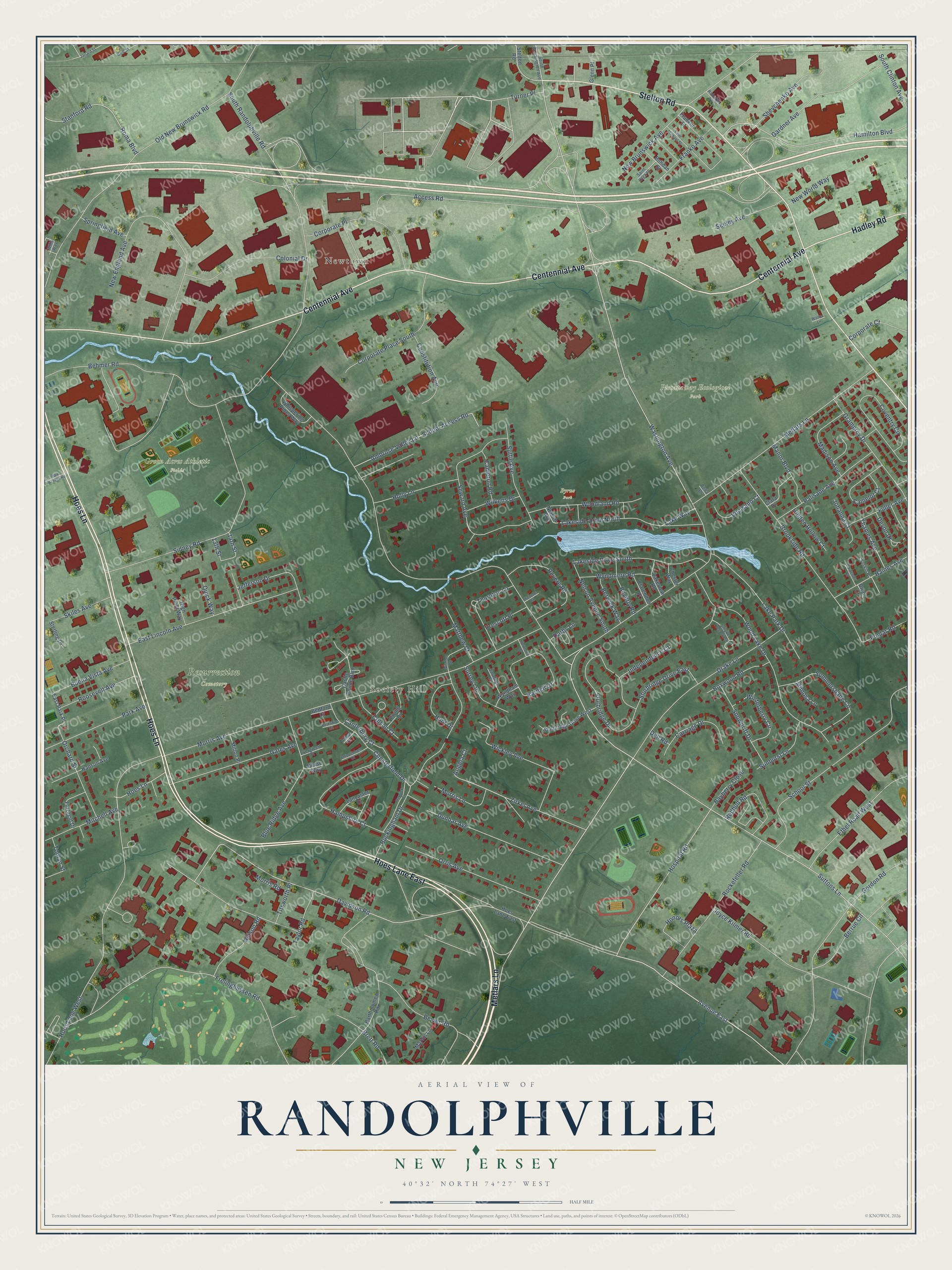 Full map of Randolphville, New Jersey, with red buildings, printed street names and the land around them