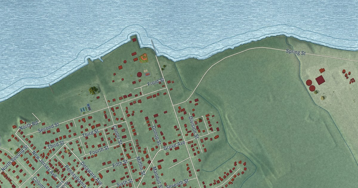 Close-up of streets and buildings in Red Bank, Gloucester County, New Jersey