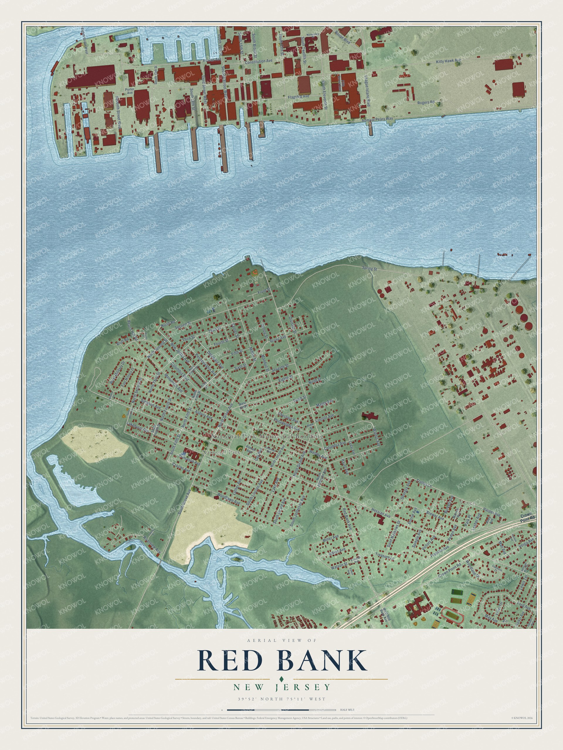 Full map of Red Bank, New Jersey, with red buildings, printed street names and the land around them