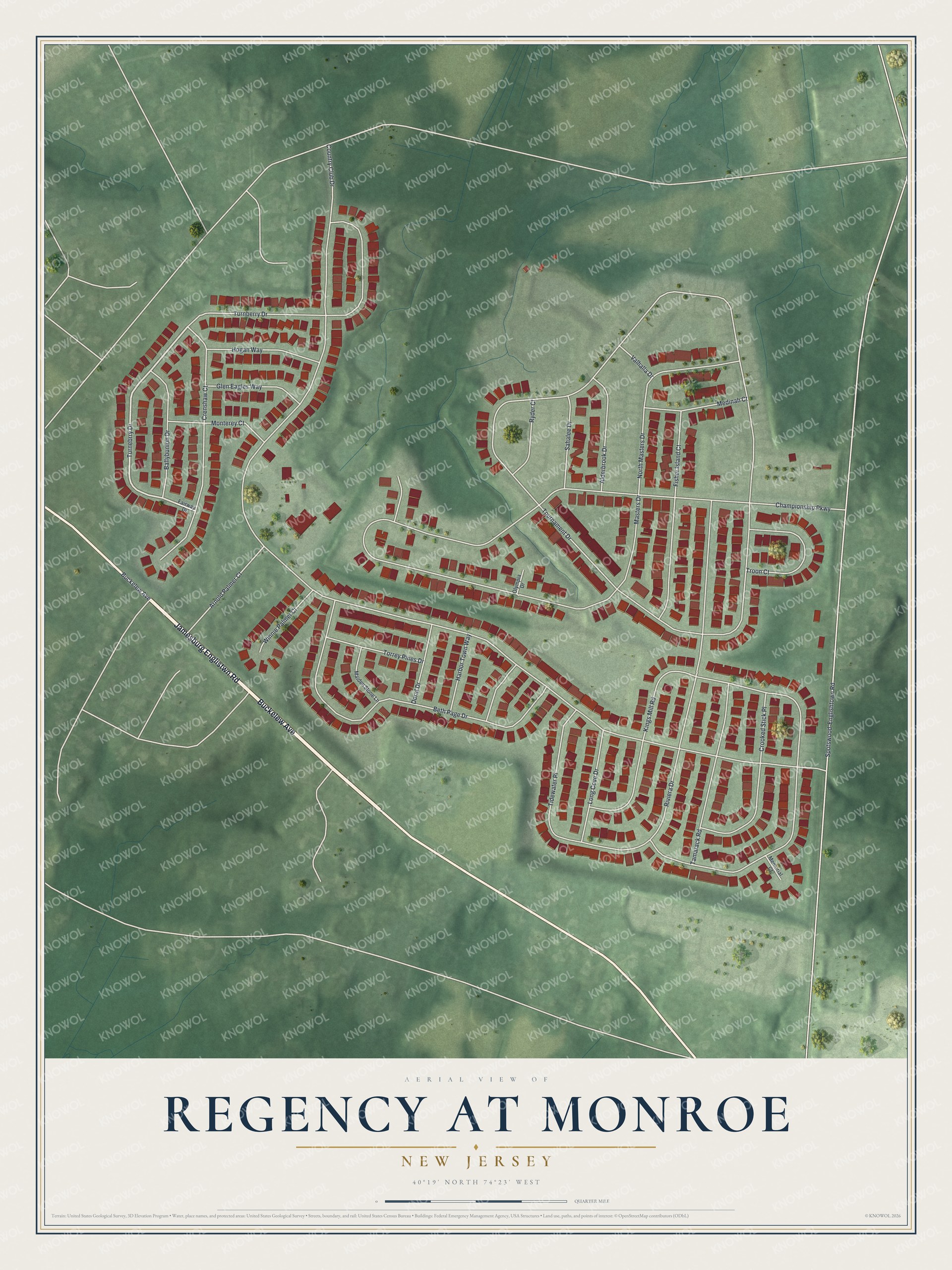 Full map of Regency at Monroe, New Jersey, with red buildings, printed street names and the land around them