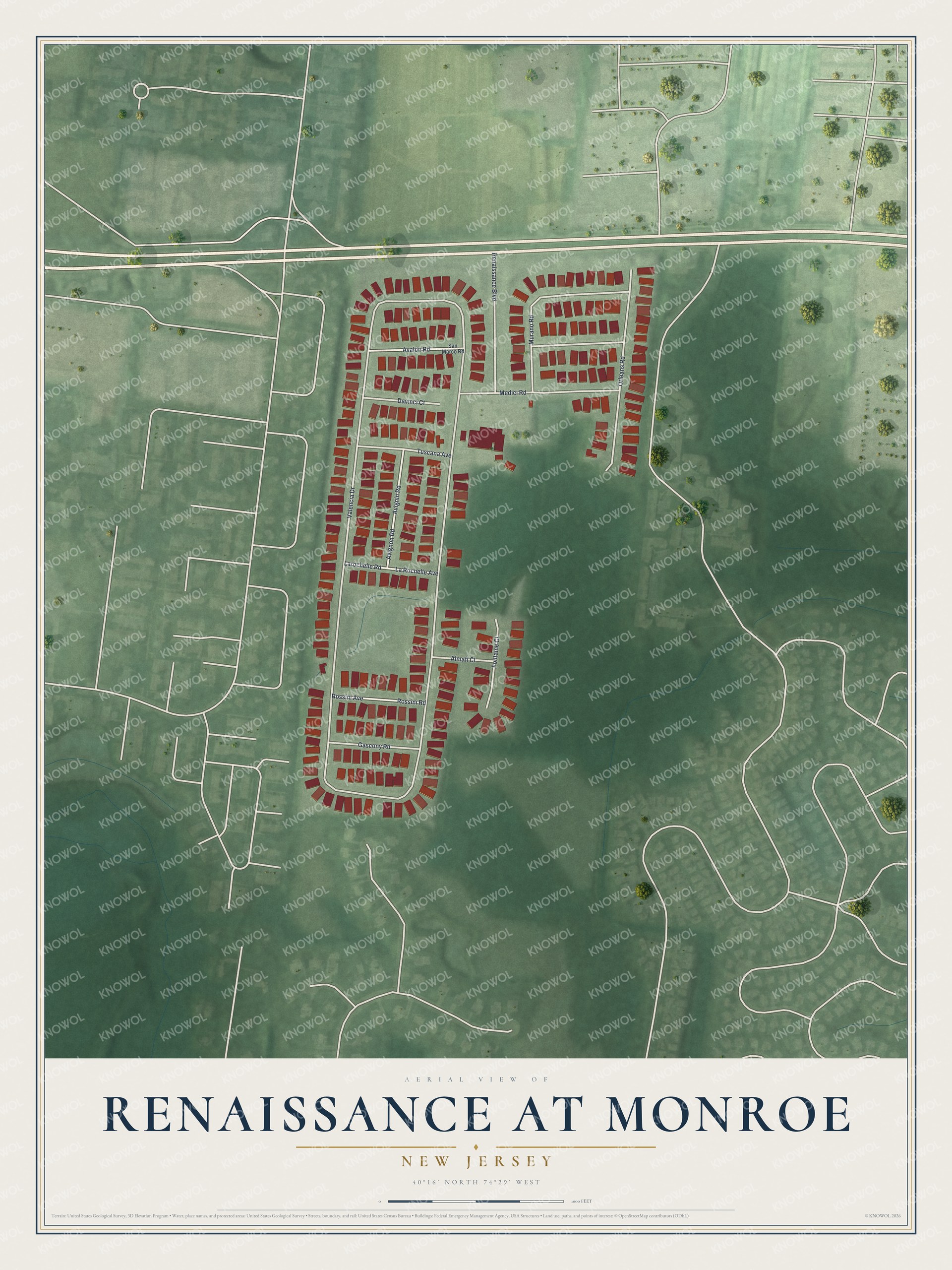 Full map of Renaissance at Monroe, New Jersey, with red buildings, printed street names and the land around them