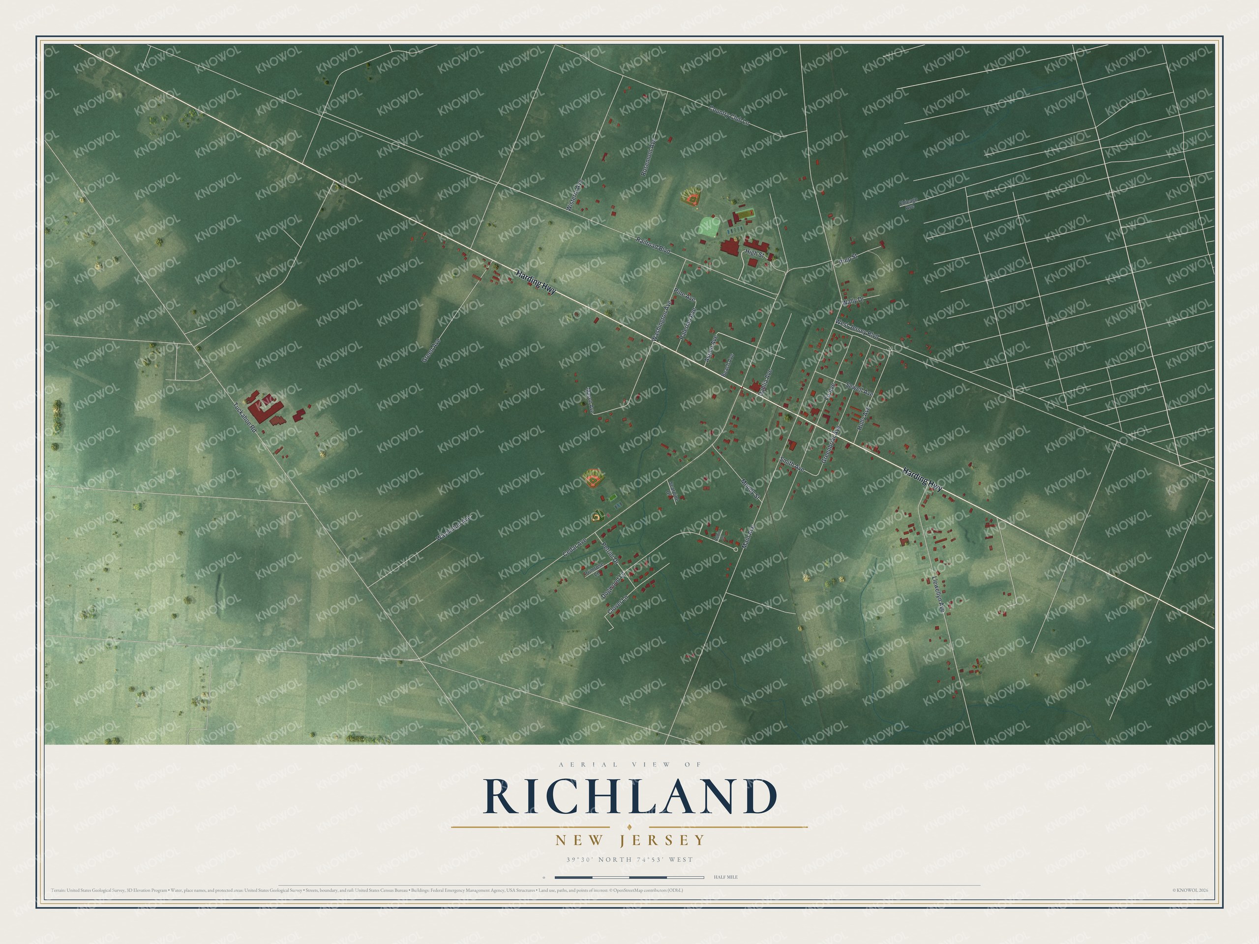 Full map of Richland, New Jersey, with red buildings, printed street names and the land around them