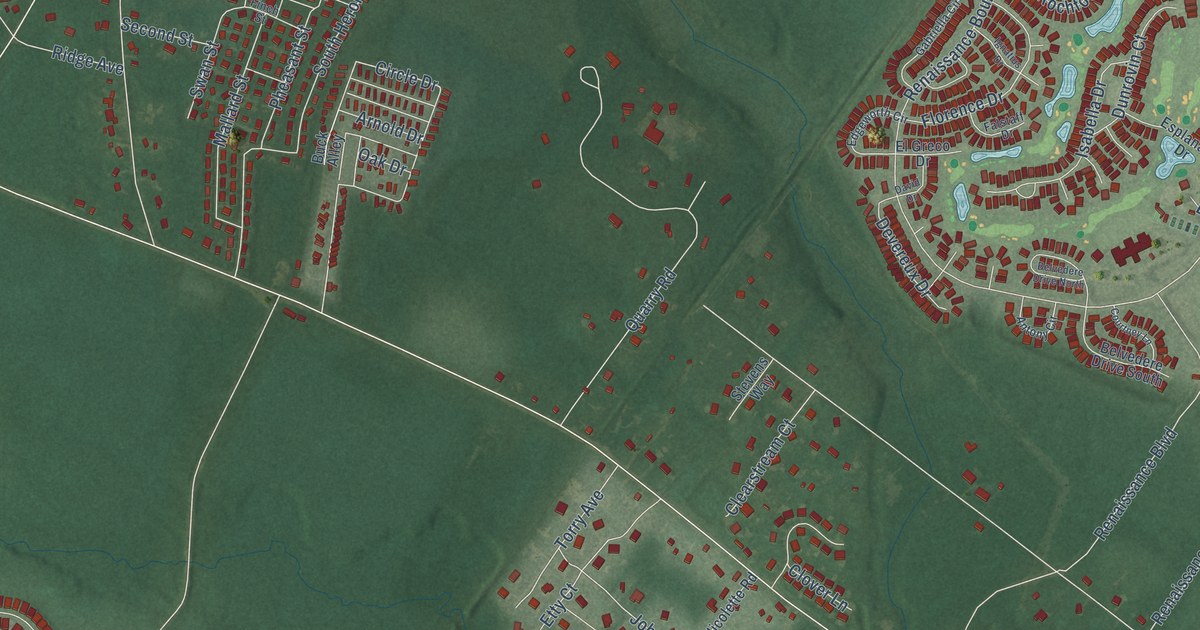 Close-up of streets and buildings in Ridgeway, New Jersey