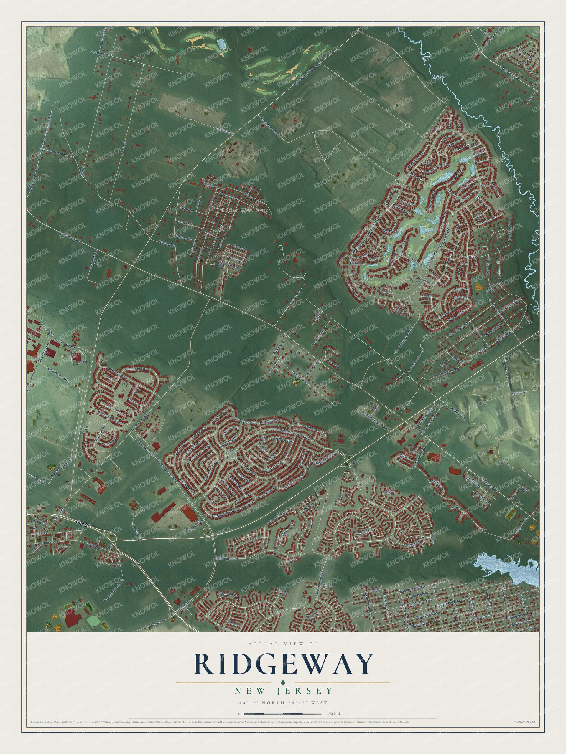 Full map of Ridgeway, New Jersey, with red buildings, printed street names and the land around them